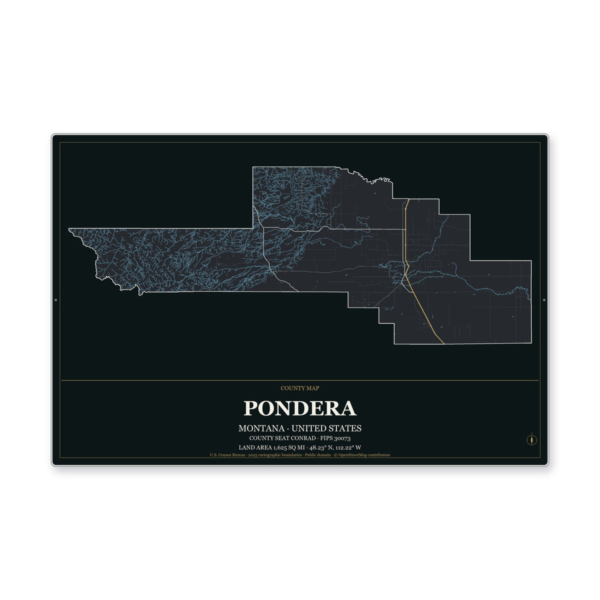 Pondera County, Montana Map Aluminum Sign in Metropolitan Noir style