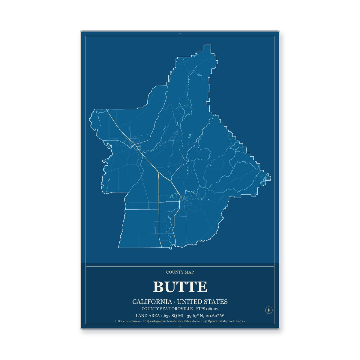 Butte County, California Map Aluminum Sign in Harbor Cobalt style