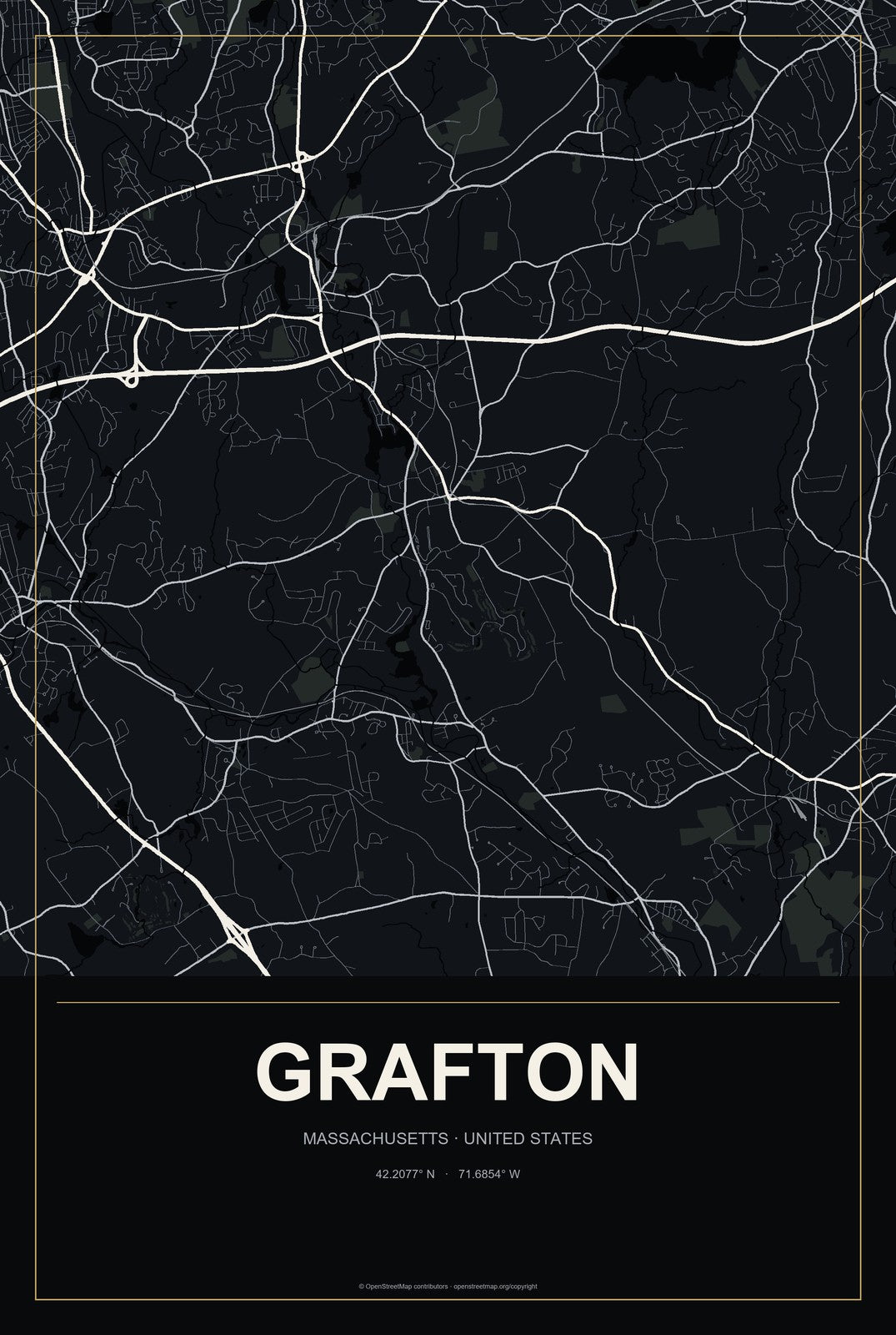 Grafton, Massachusetts City Map Aluminum Sign in Metropolitan Noir style