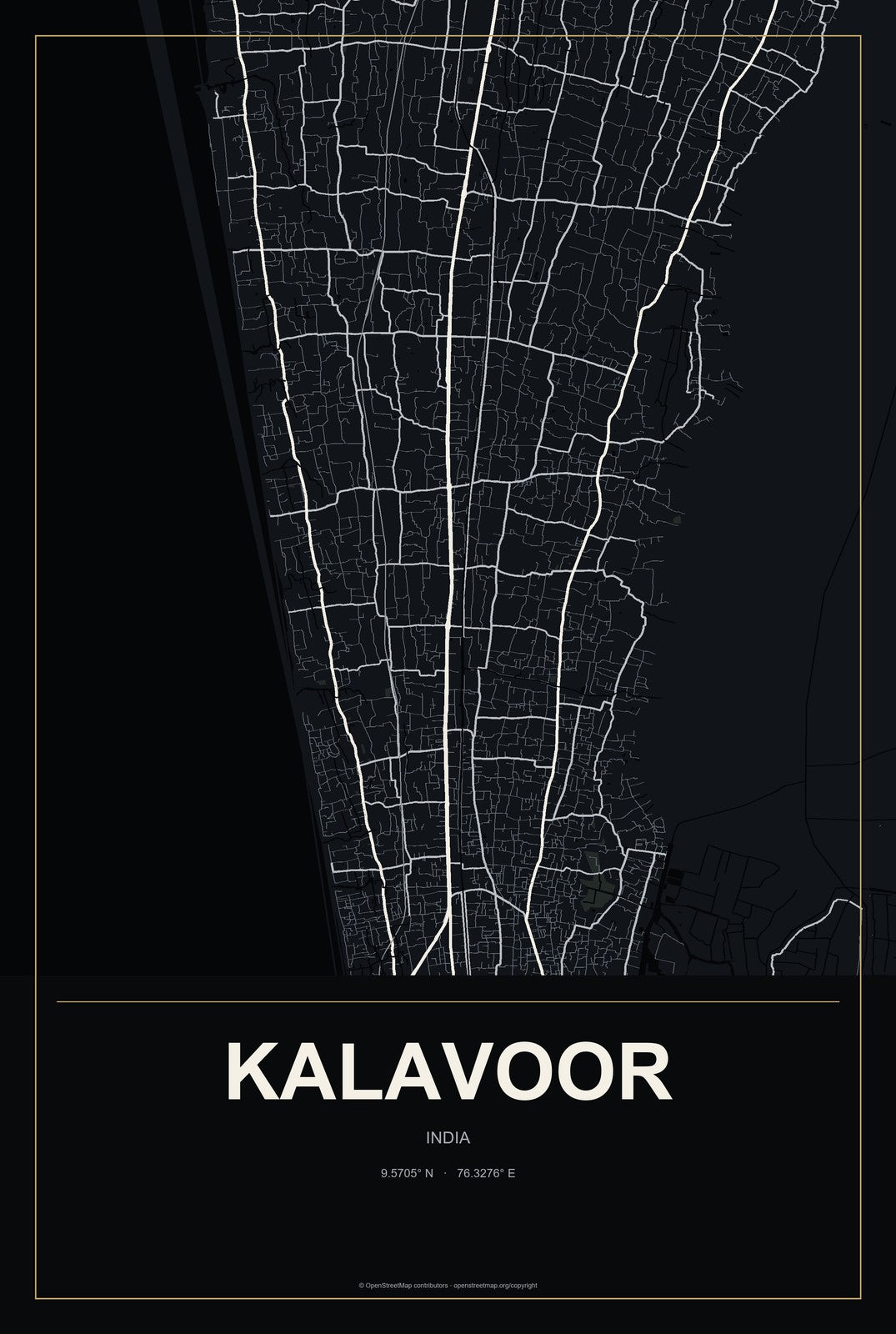 Kalavoor, India City Map Aluminum Sign in Metropolitan Noir style