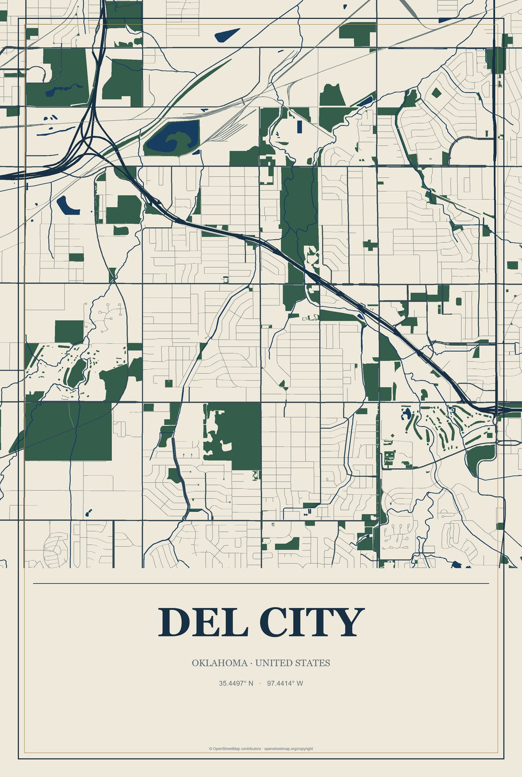 Del City, Oklahoma City Map Aluminum Sign in Coastal Cutout style