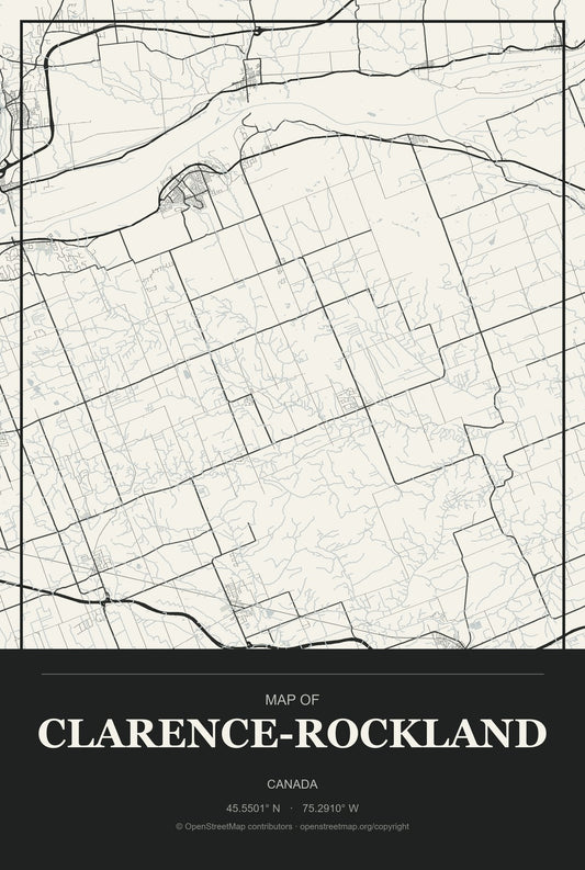 Clarence-Rockland, Canada City Map Aluminum Sign in Museum Plaque style