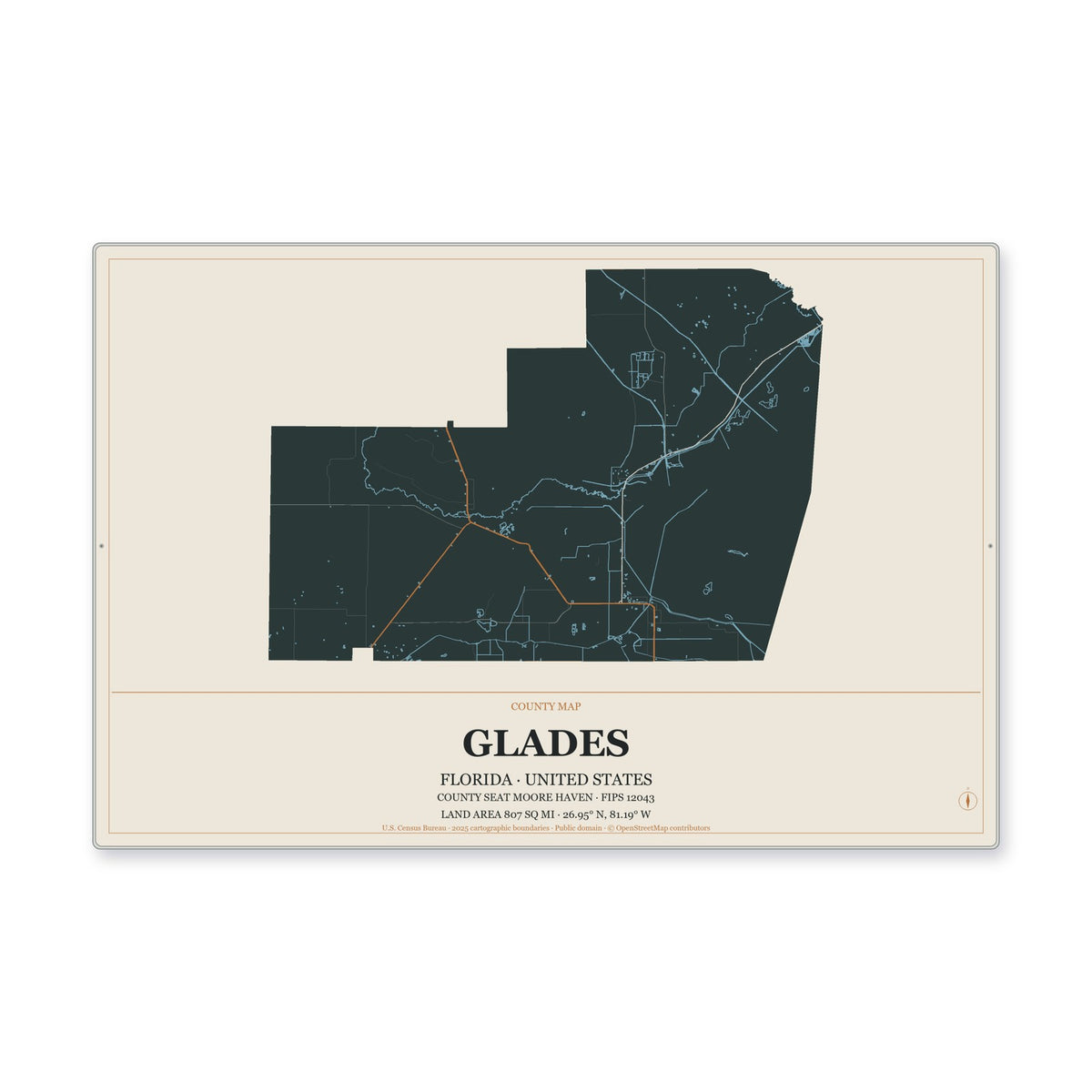 Glades County, Florida Map Aluminum Sign in Headline Atlas style