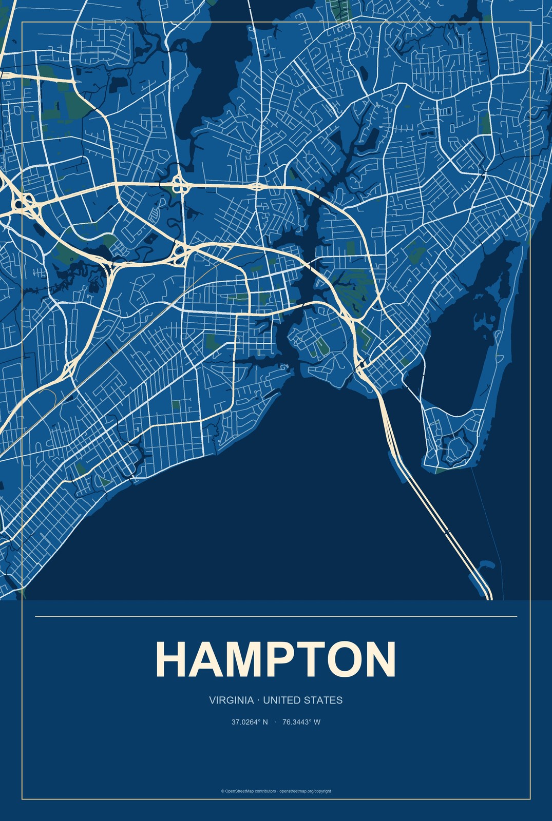 Hampton, Virginia City Map Aluminum Sign in Harbor Cobalt style