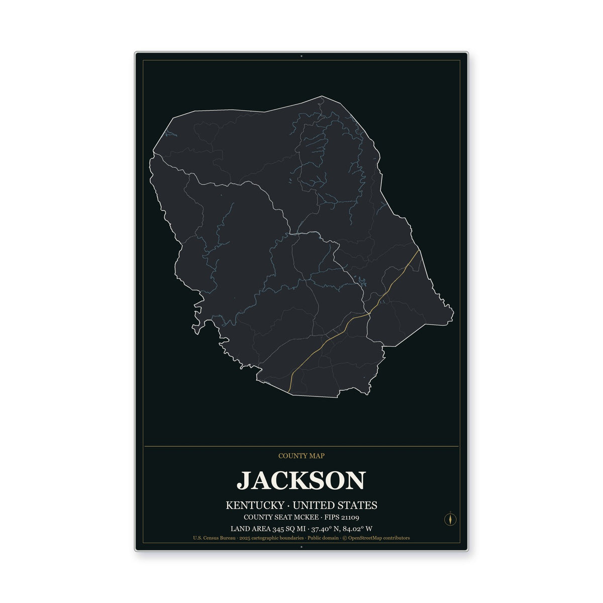 Jackson County, Kentucky Map Aluminum Sign in Metropolitan Noir style
