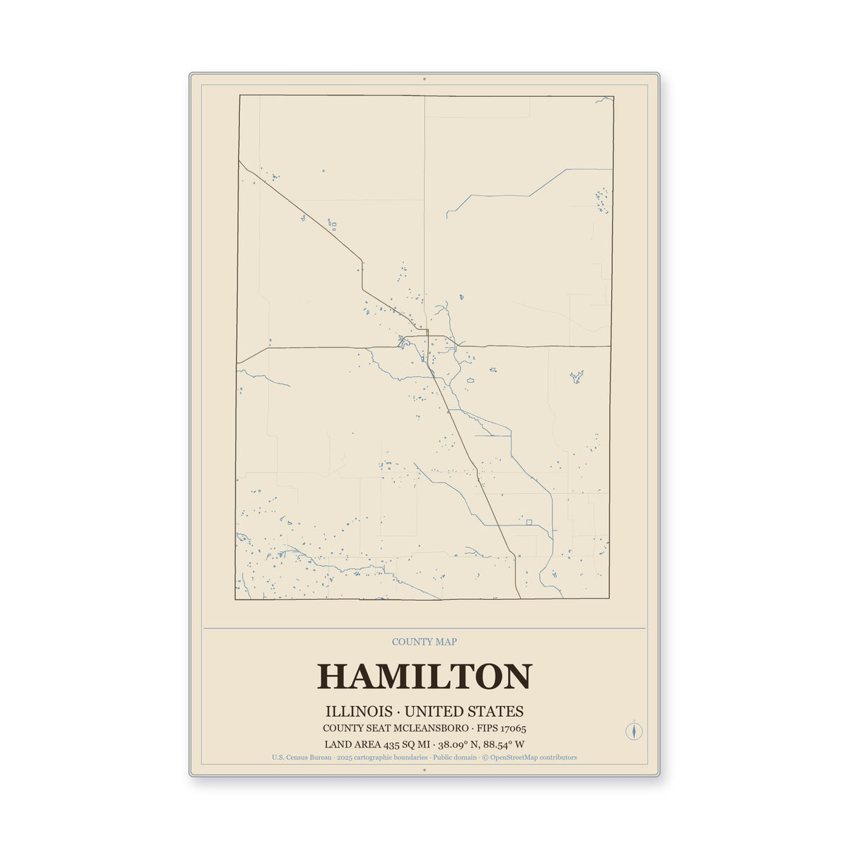 Hamilton County, Illinois Map Aluminum Sign in Heritage Nautical style