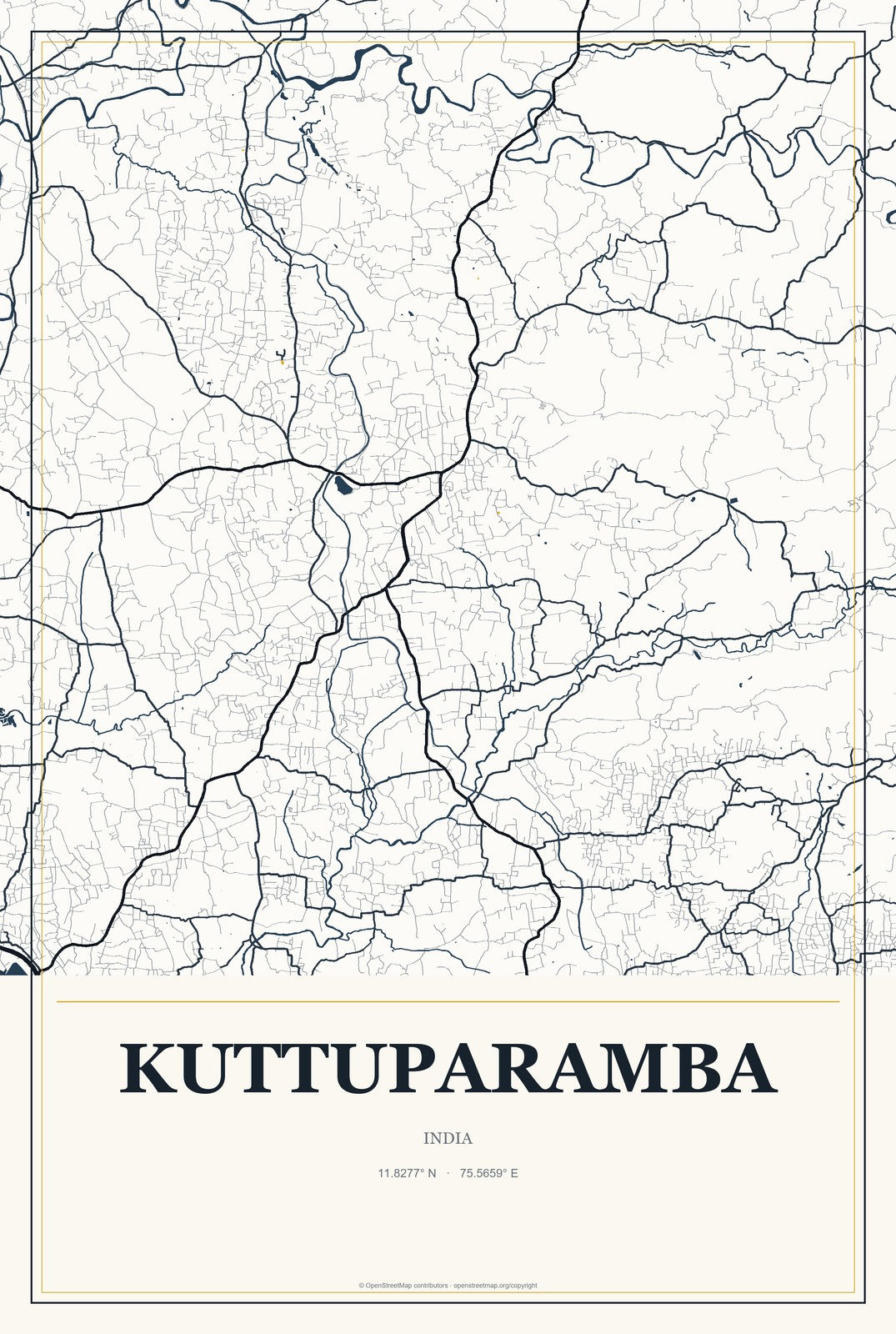 Kuttuparamba, India City Map Aluminum Sign in Citrine Modern style