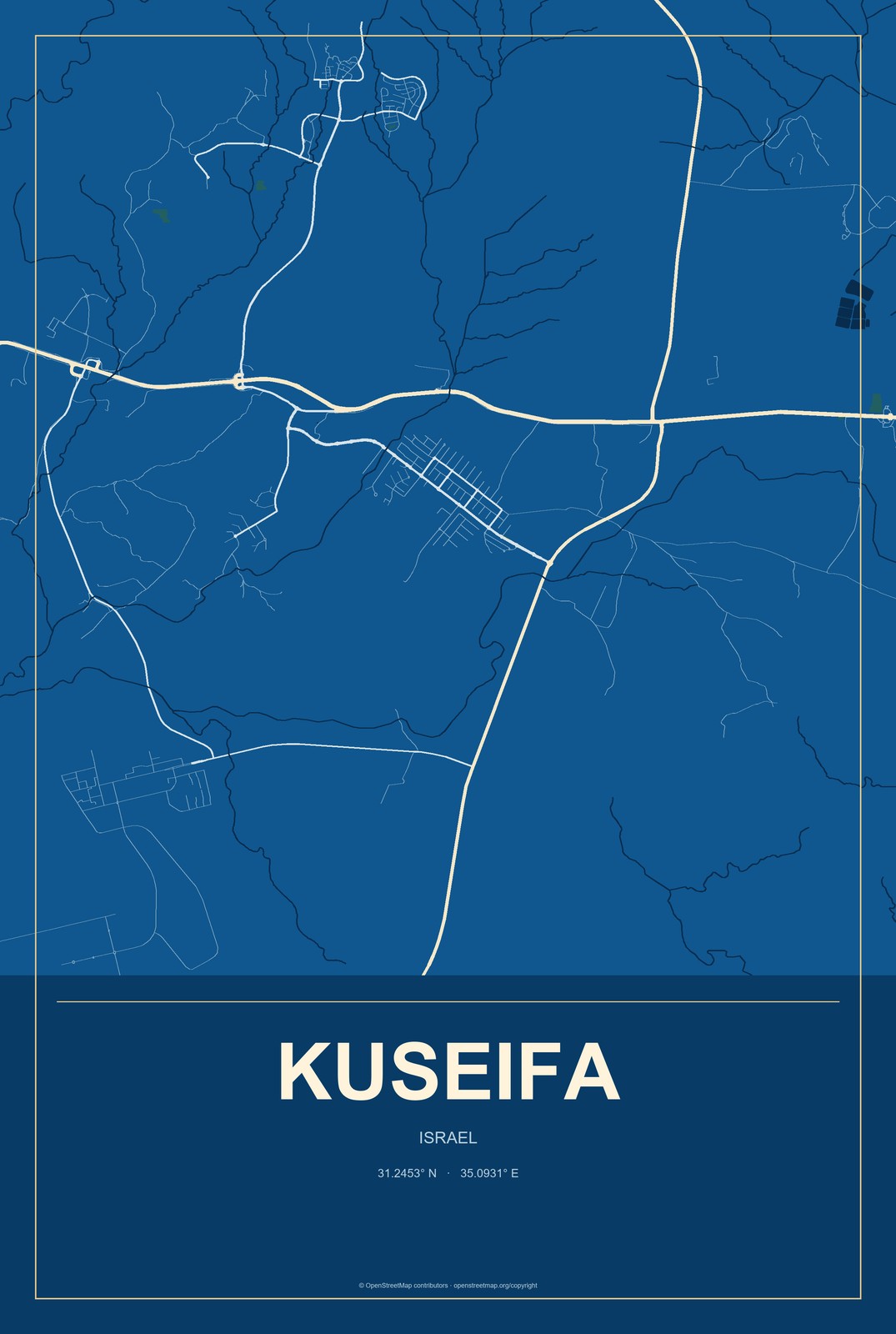 Kuseifa, Israel City Map Aluminum Sign in Harbor Cobalt style