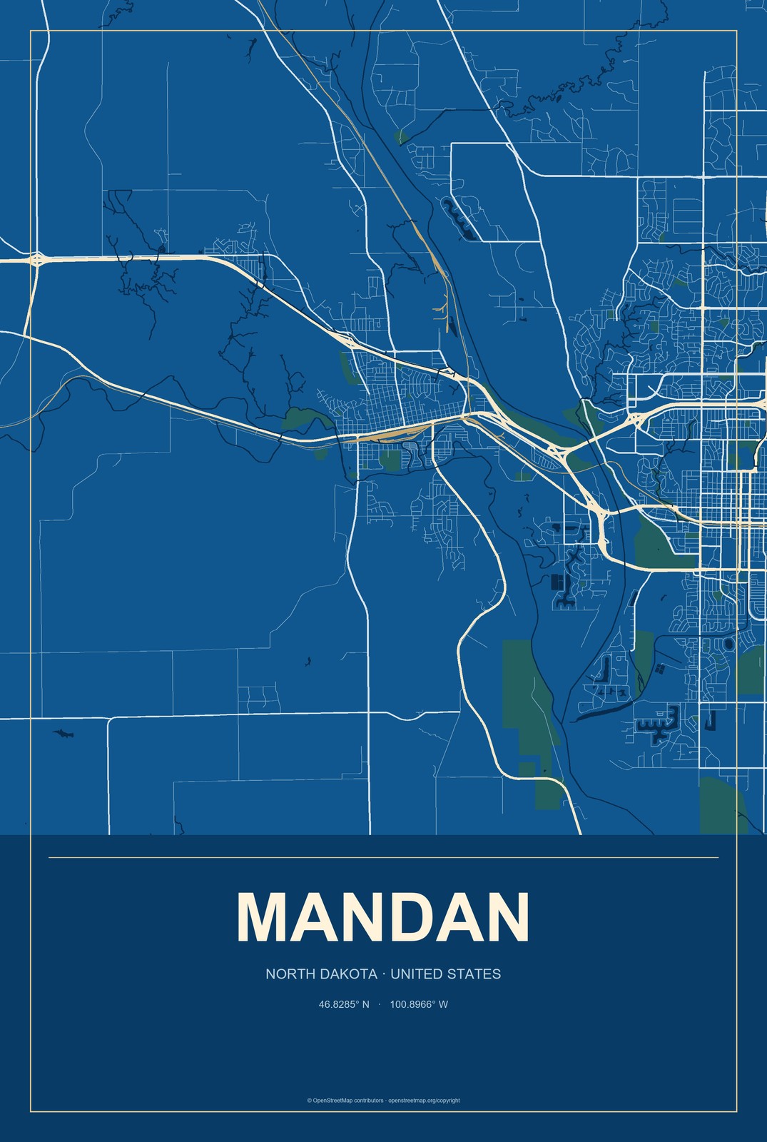 Mandan, North Dakota City Map Aluminum Sign in Harbor Cobalt style
