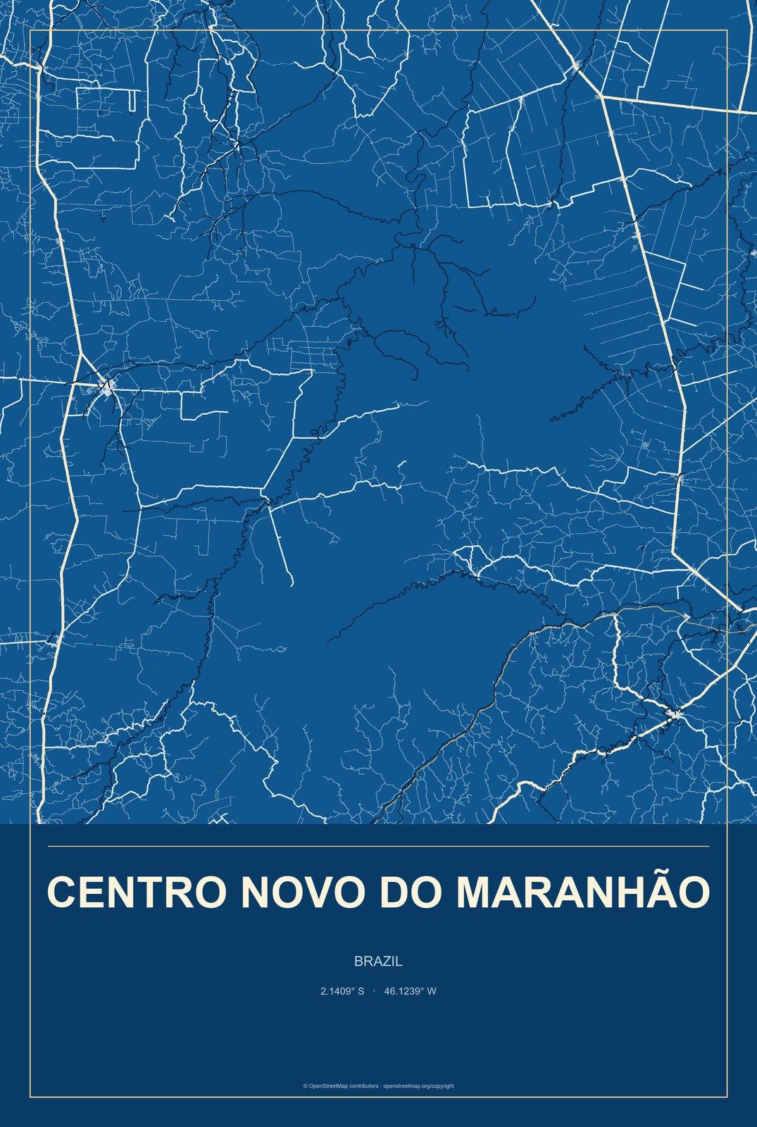 Centro Novo do Maranhão, Brazil City Map Aluminum Sign in Harbor Cobalt style