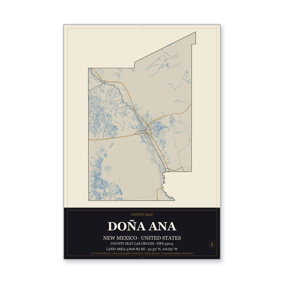 Doña Ana County, New Mexico Map Aluminum Sign in Museum Plaque style