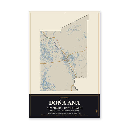 Doña Ana County, New Mexico Map Aluminum Sign in Museum Plaque style