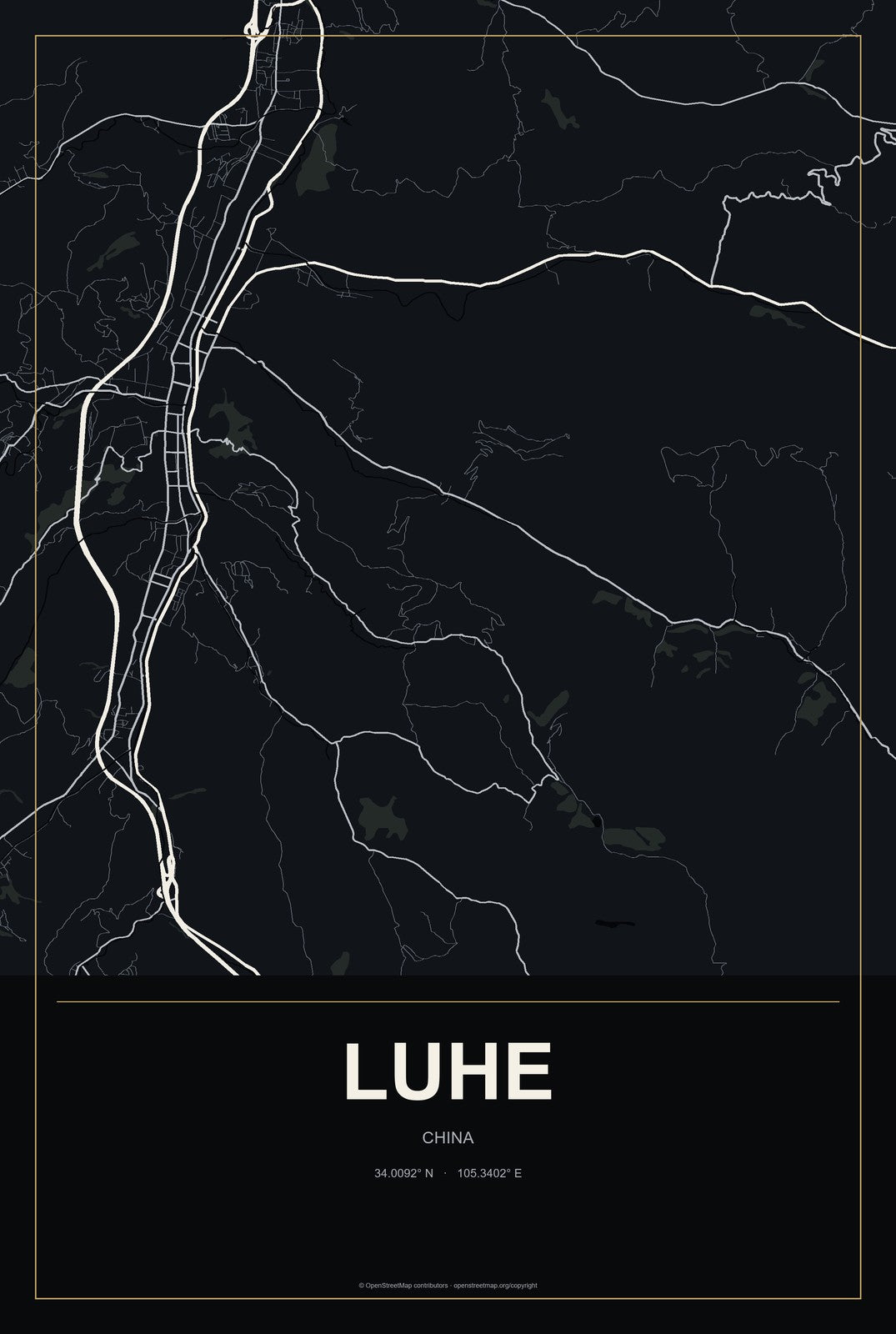 Luhe, China City Map Aluminum Sign in Metropolitan Noir style
