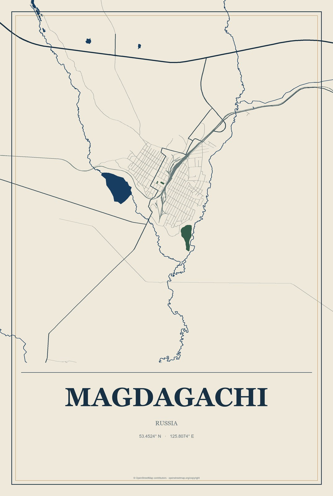 Magdagachi, Russia City Map Aluminum Sign in Coastal Cutout style