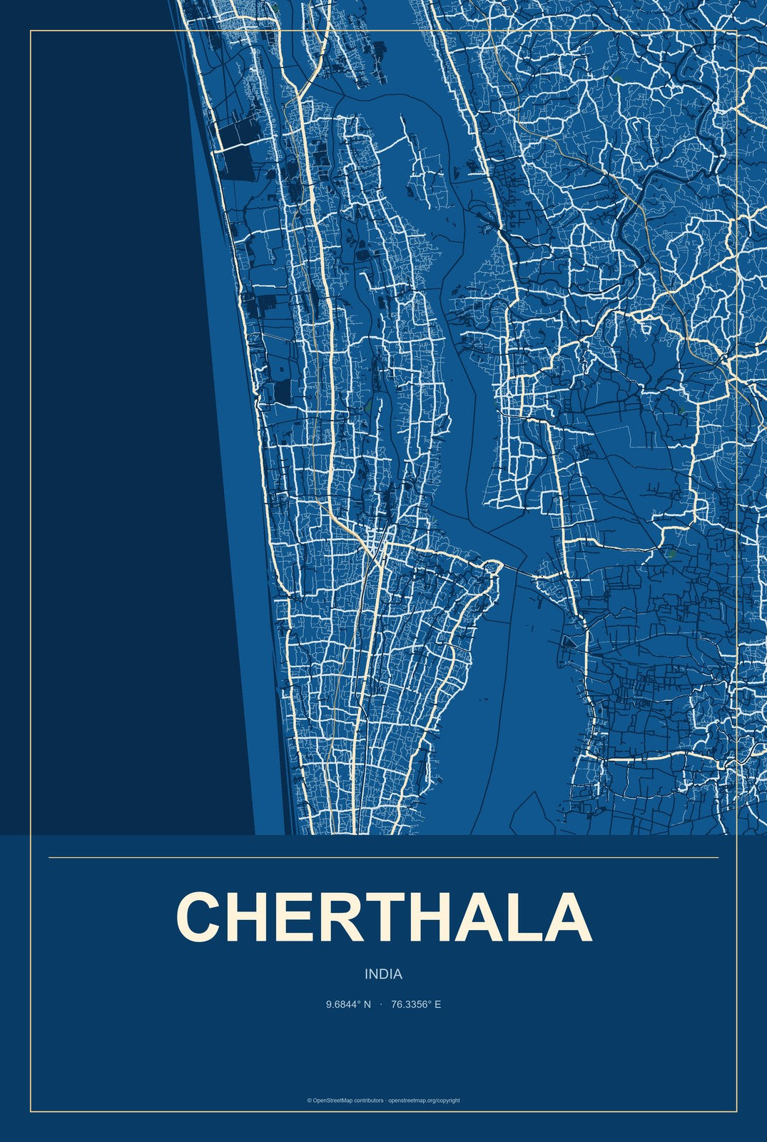 Cherthala, India City Map Aluminum Sign in Harbor Cobalt style