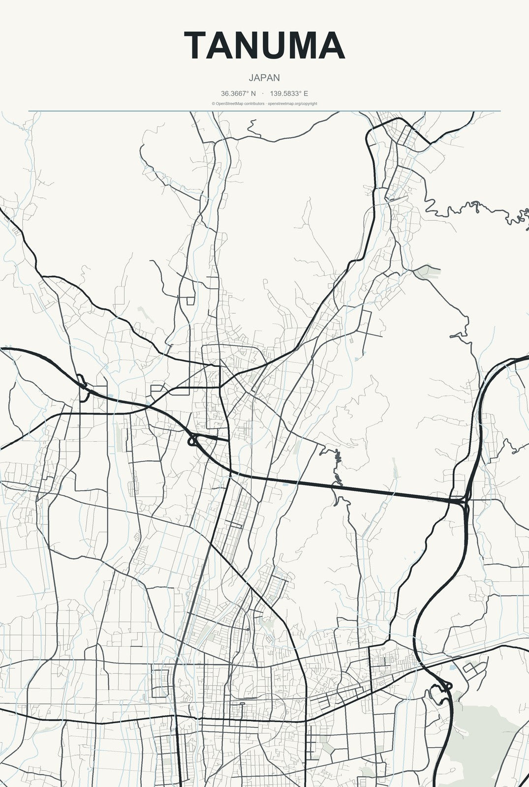 Tanuma, Japan City Map Aluminum Sign in Headline Atlas style