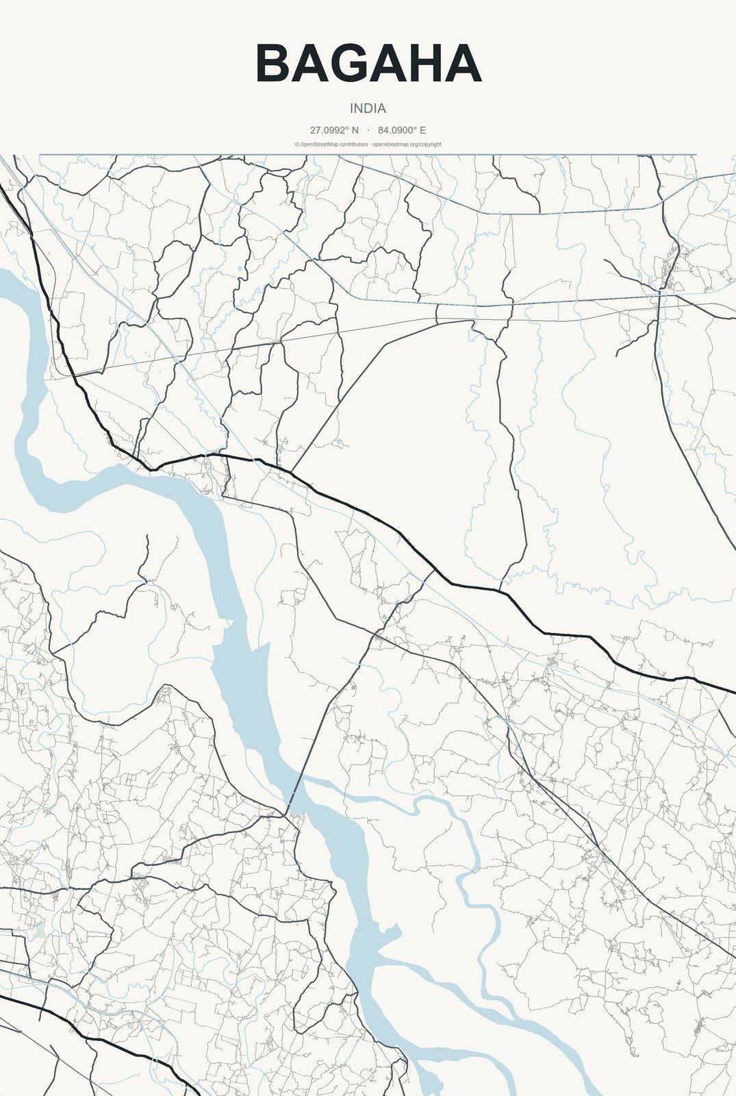 Bagaha, India City Map Aluminum Sign in Headline Atlas style