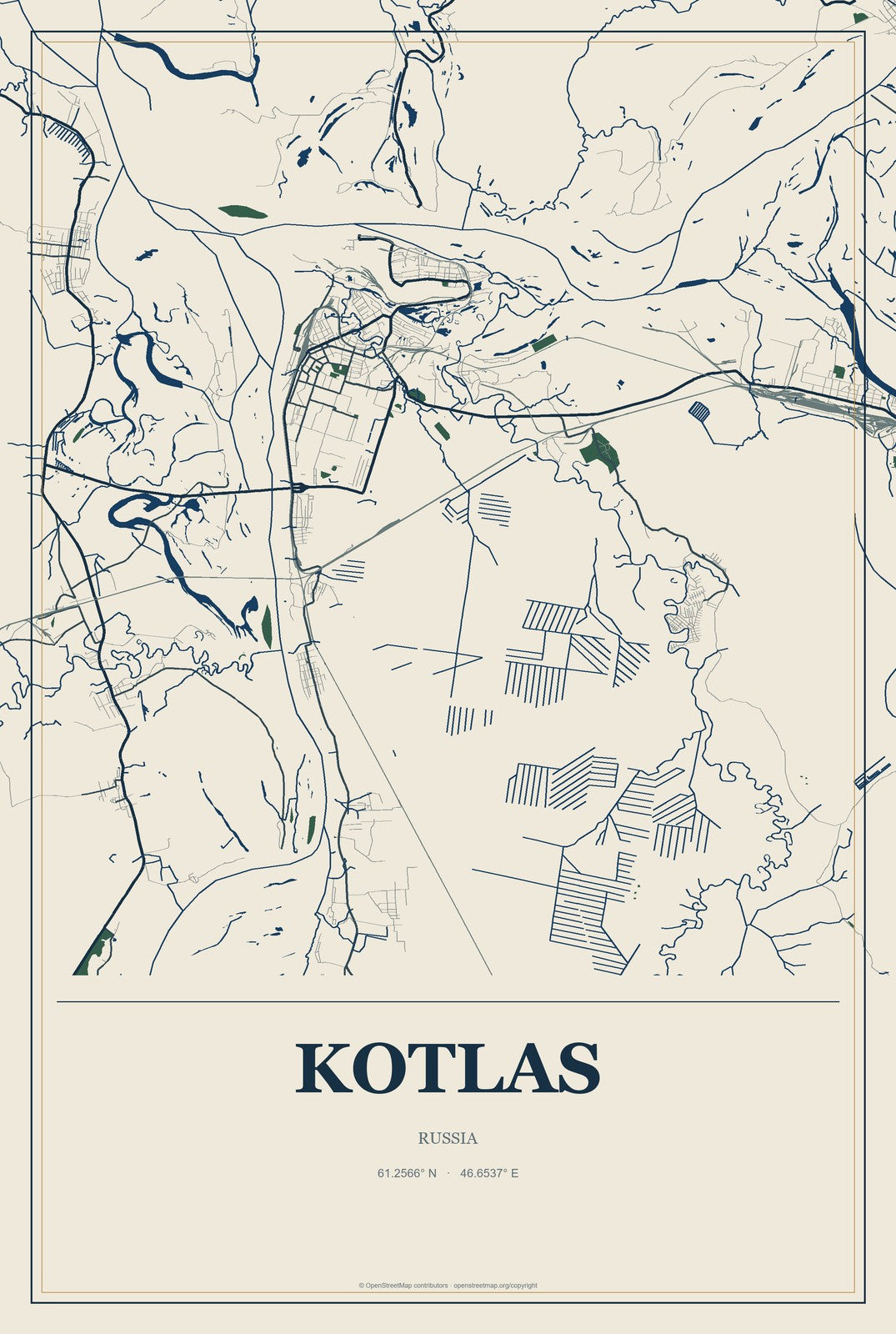 Kotlas, Russia City Map Aluminum Sign in Coastal Cutout style