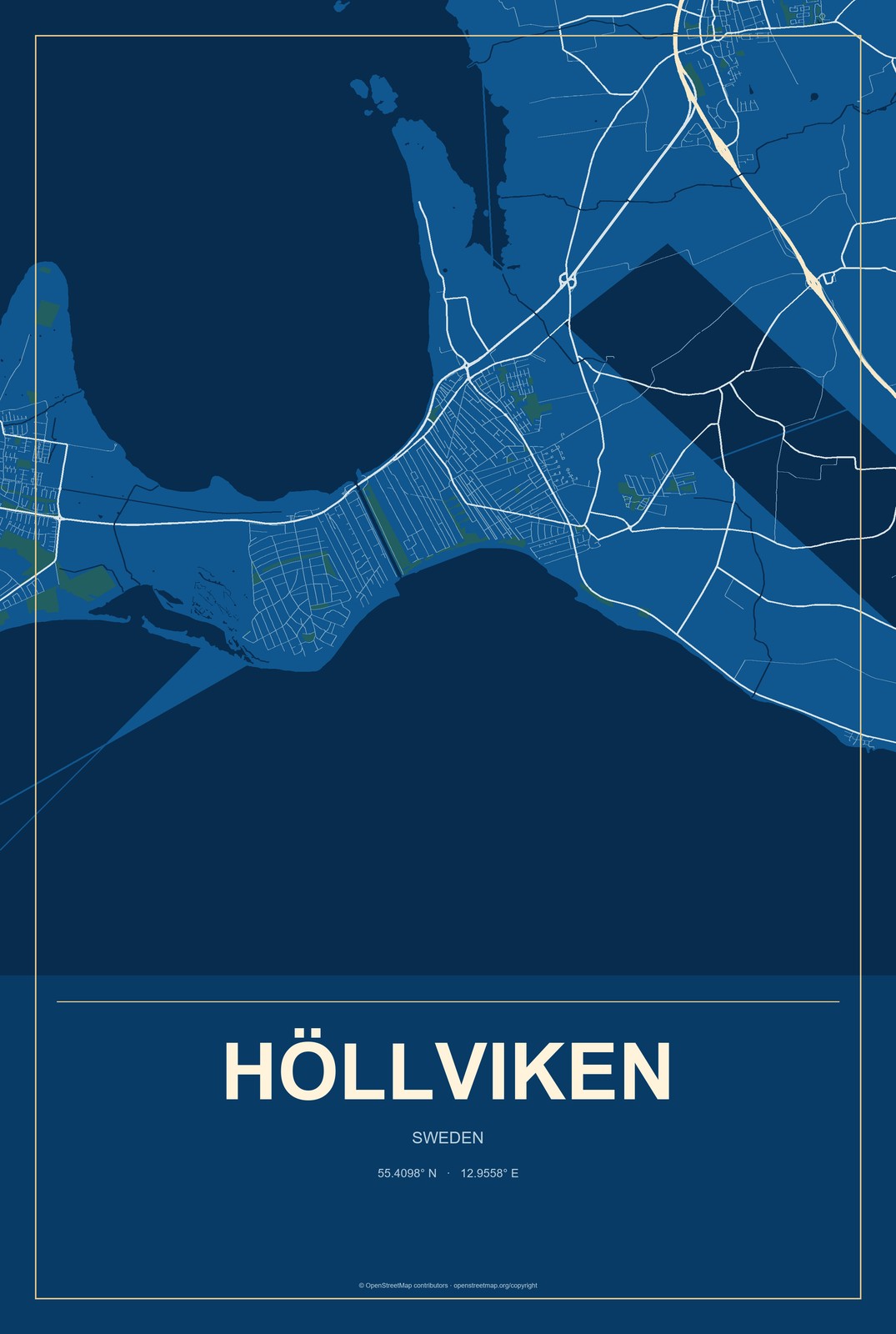 Höllviken, Sweden City Map Aluminum Sign in Harbor Cobalt style