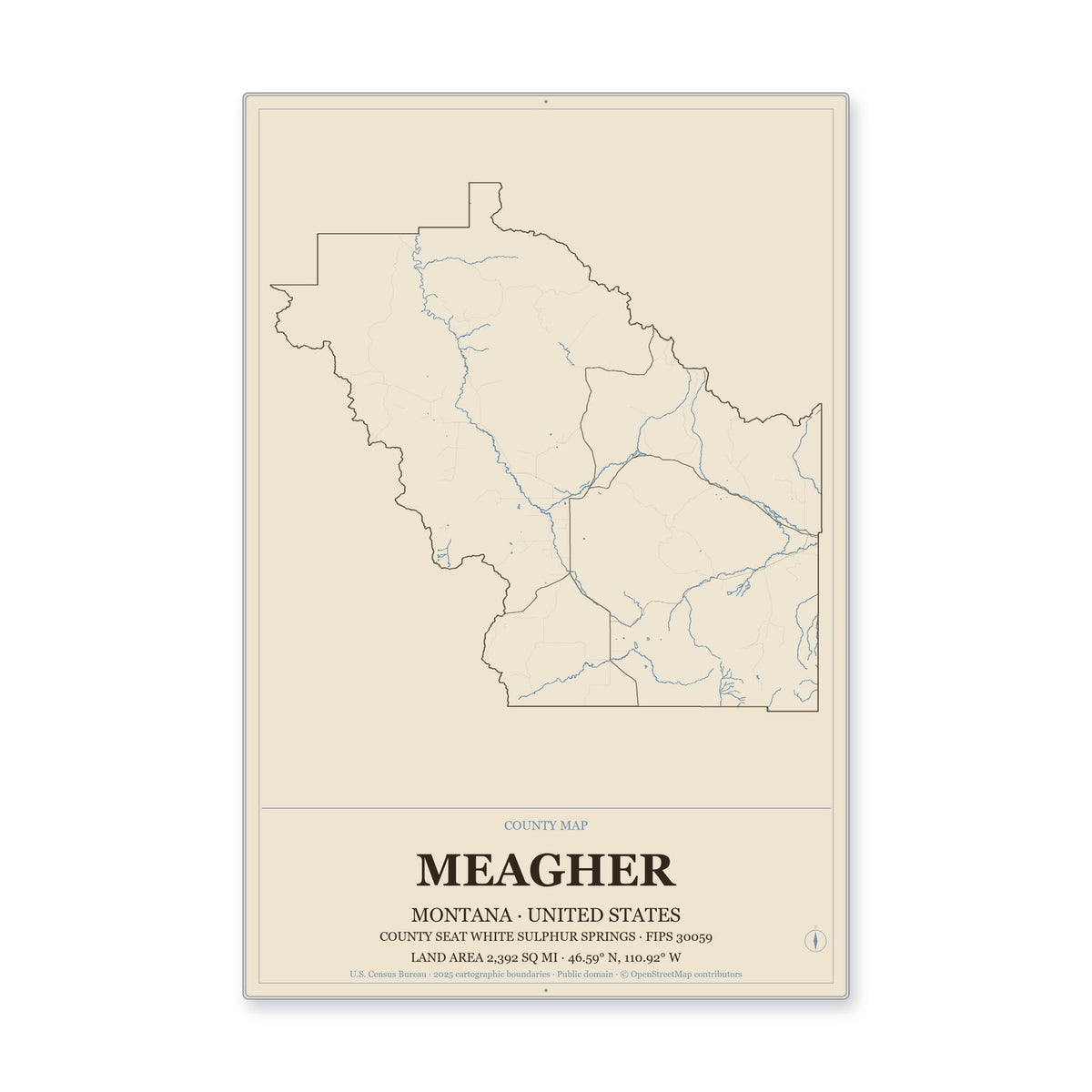 Meagher County, Montana Map Aluminum Sign in Heritage Nautical style