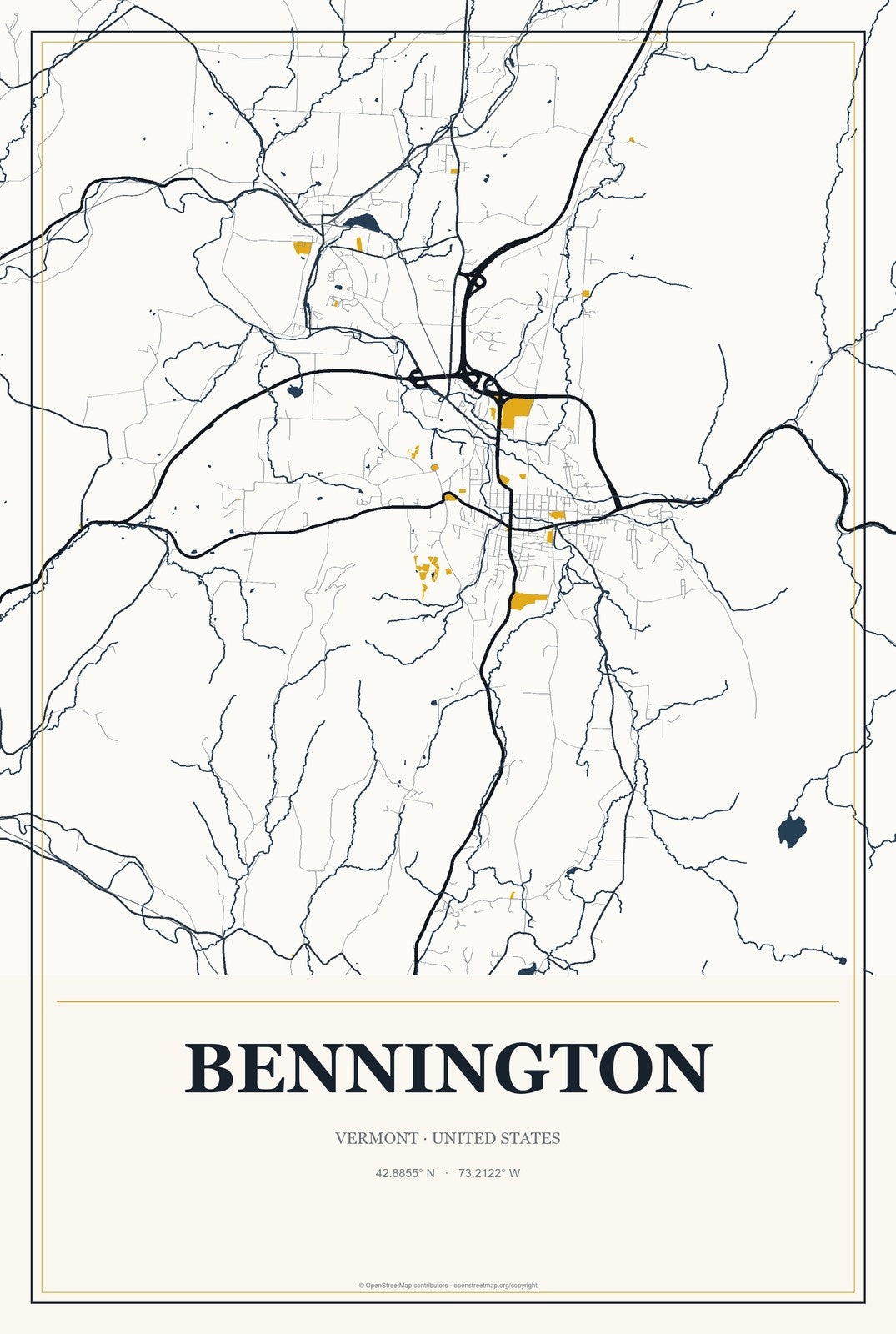 Bennington, Vermont City Map Aluminum Sign in Citrine Modern style