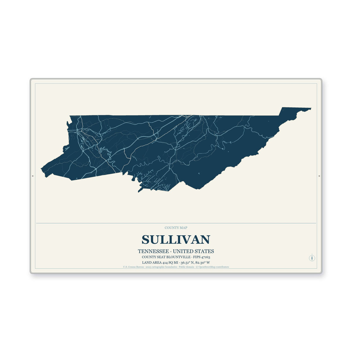 Sullivan County, Tennessee Map Aluminum Sign in Coastal Cutout style