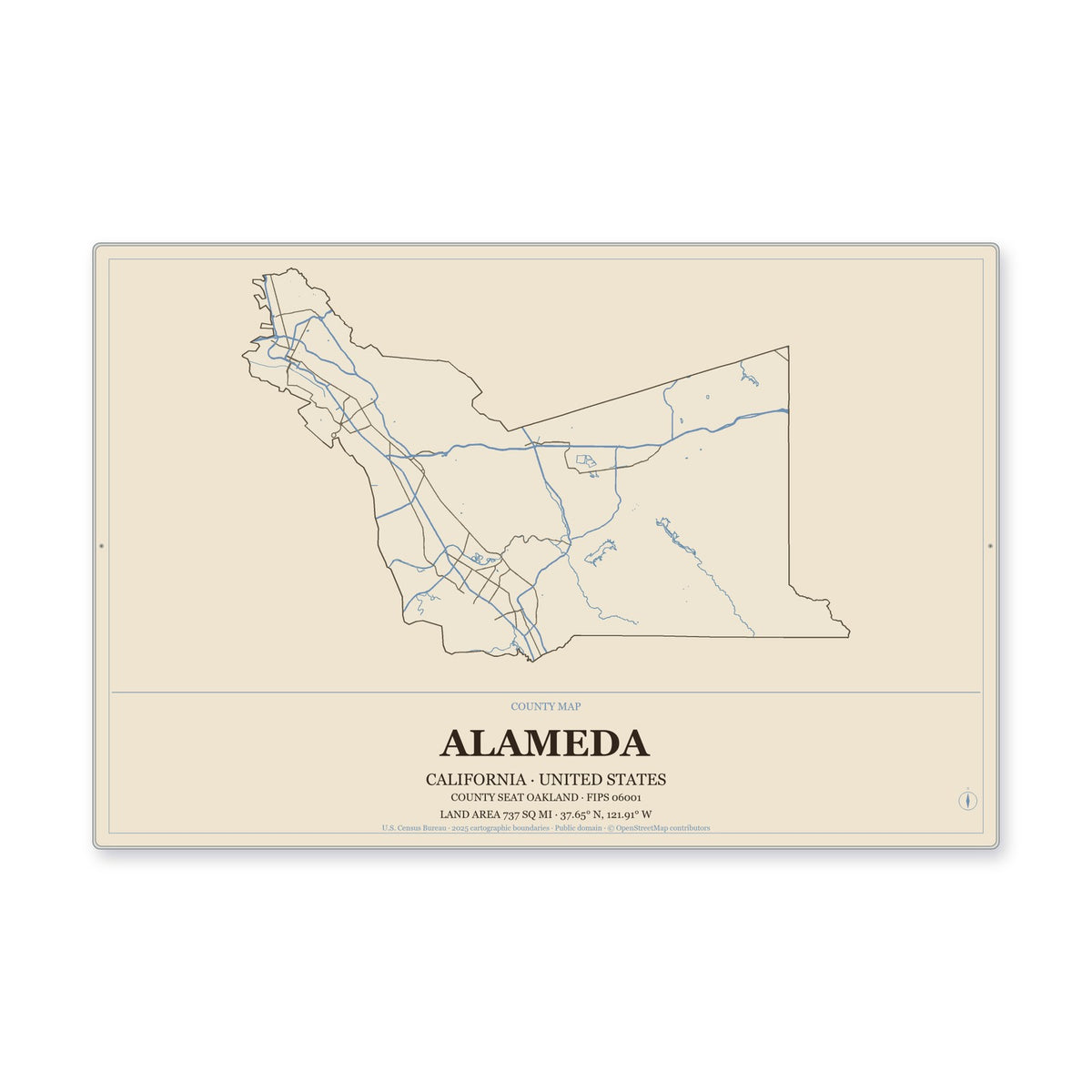 Alameda County, California Map Aluminum Sign in Heritage Nautical style