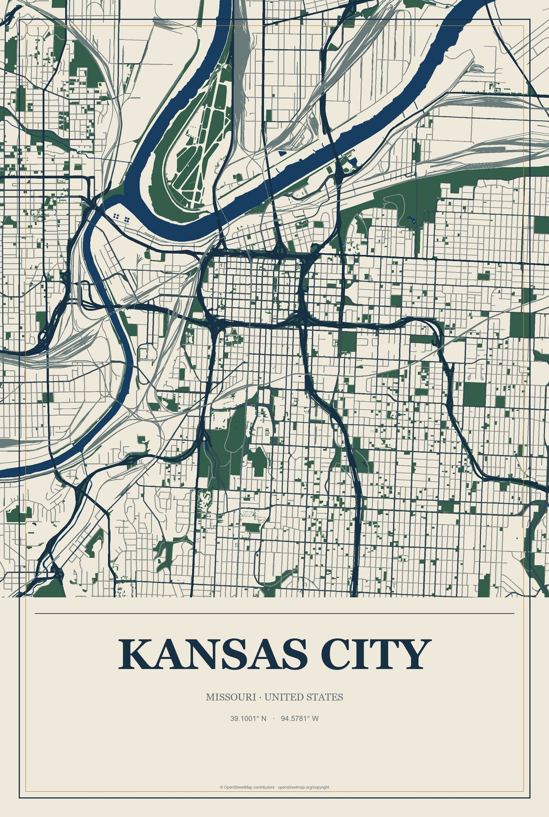 Kansas City, Missouri City Map Aluminum Sign in Coastal Cutout style