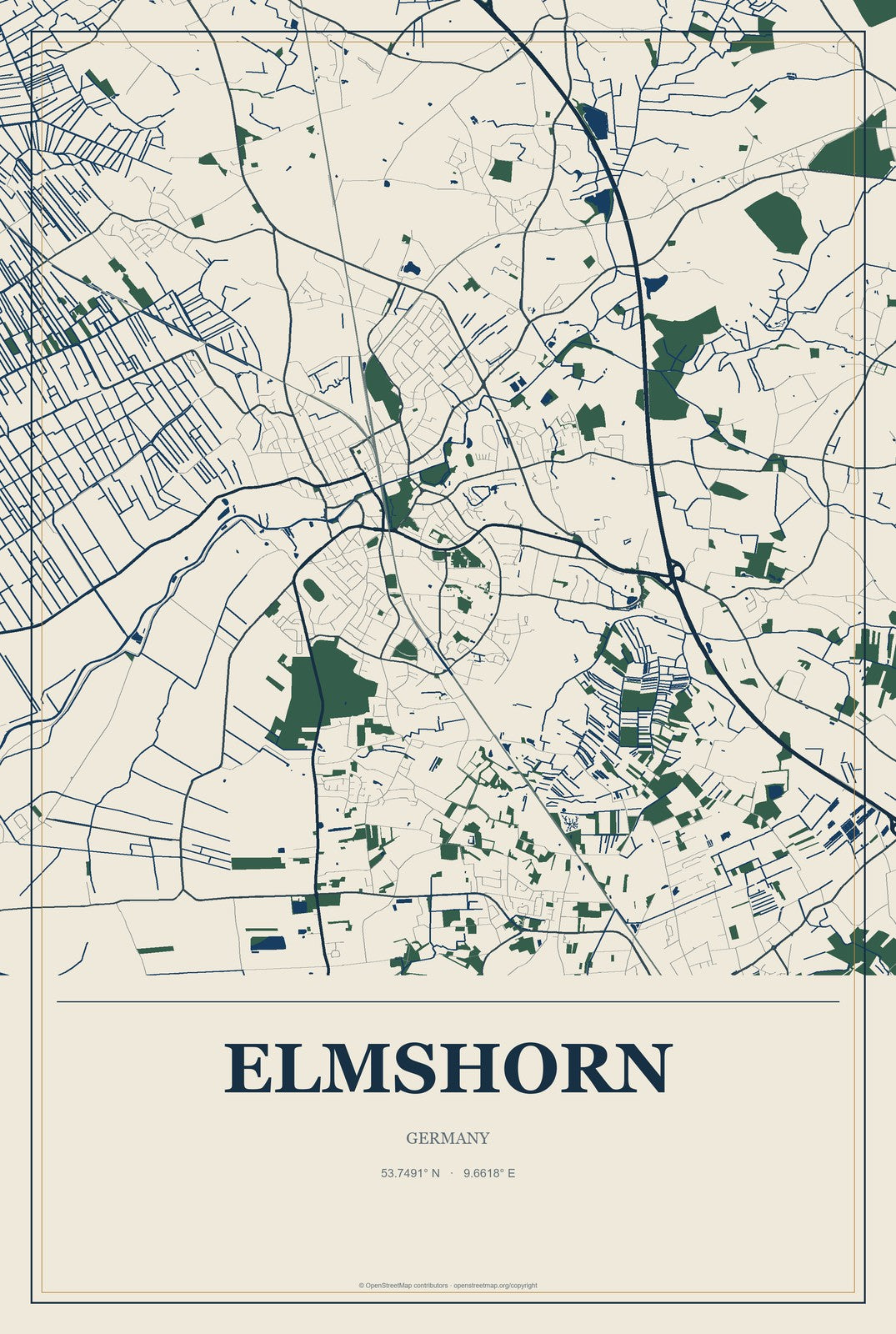 Elmshorn, Germany City Map Aluminum Sign in Coastal Cutout style