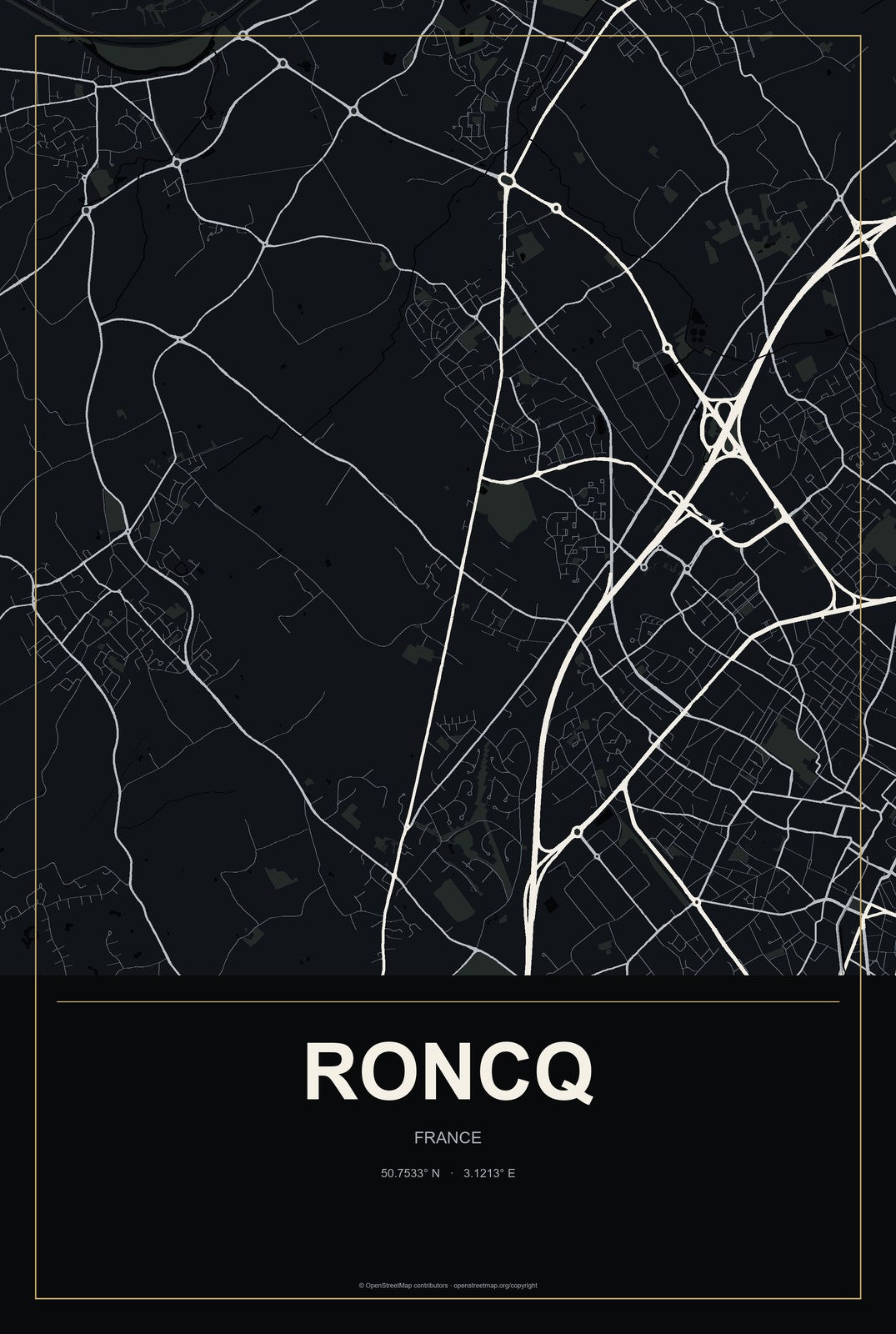 Roncq, France City Map Aluminum Sign in Metropolitan Noir style