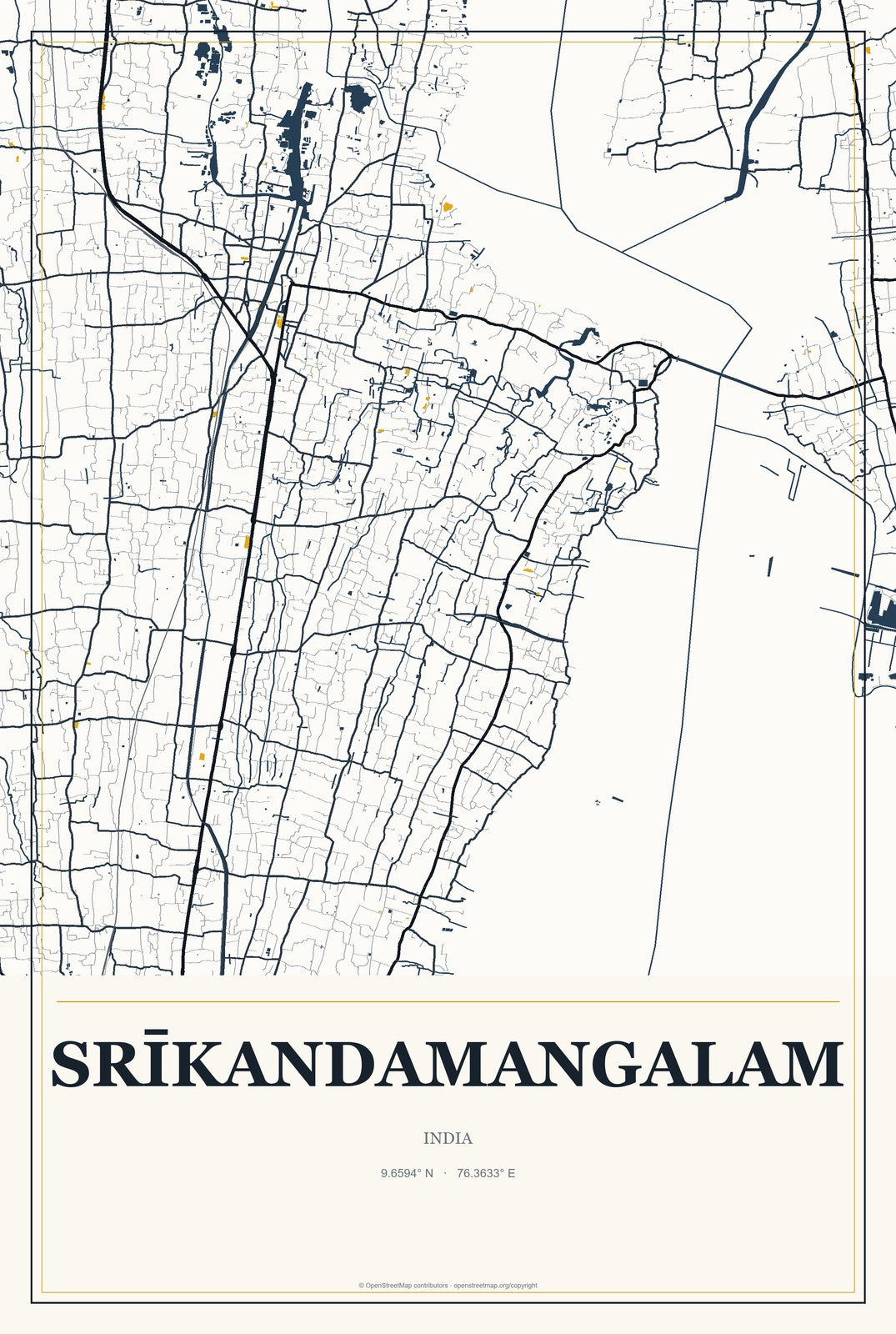Srīkandamangalam, India City Map Aluminum Sign in Citrine Modern style