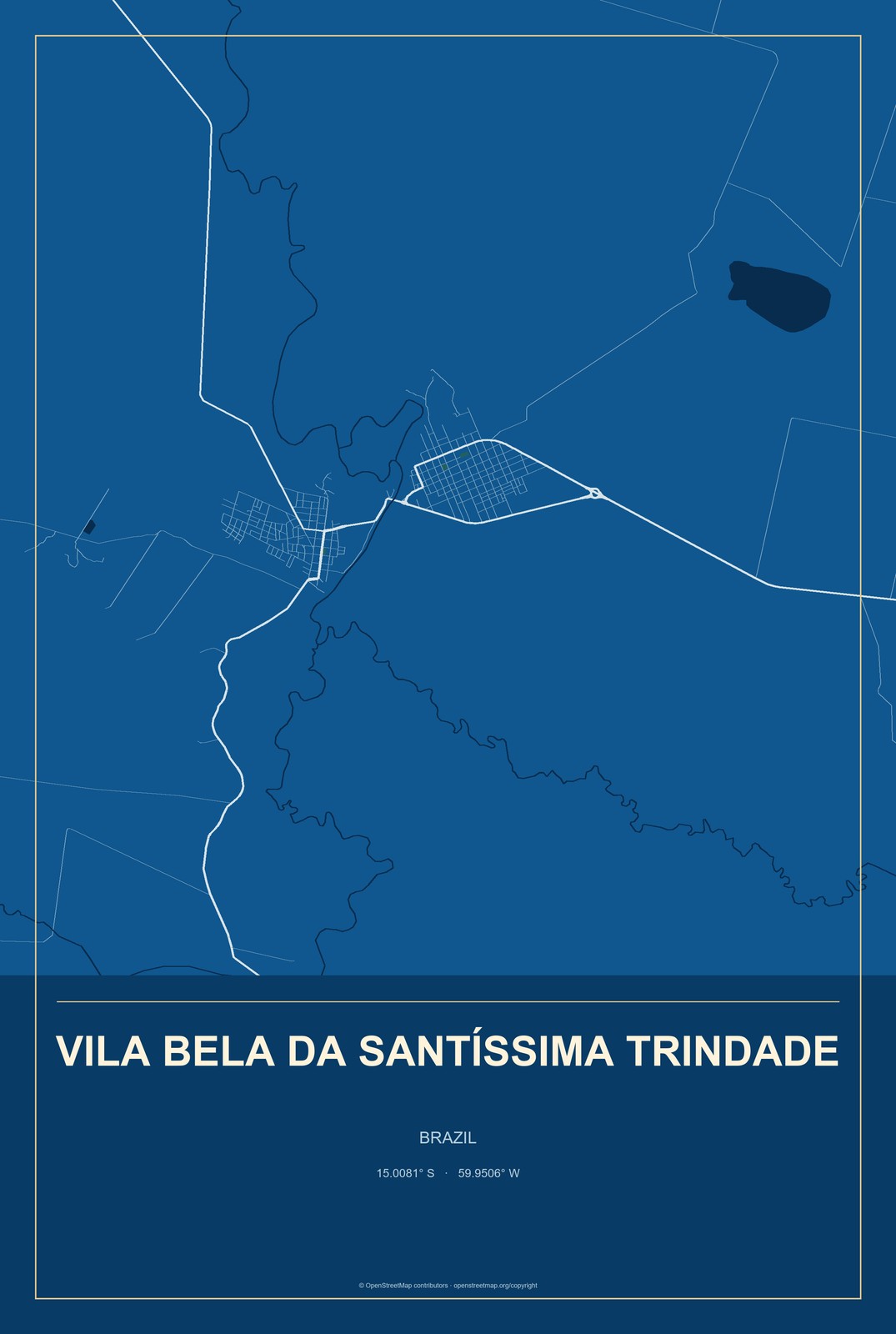 Vila Bela da Santíssima Trindade, Brazil City Map Aluminum Sign in Harbor Cobalt style
