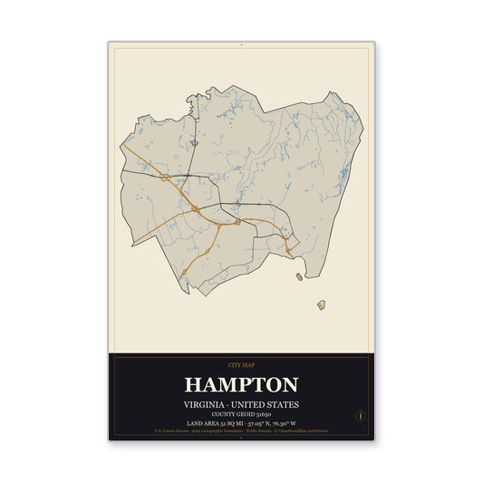 Hampton city, Virginia Map Aluminum Sign in Museum Plaque style