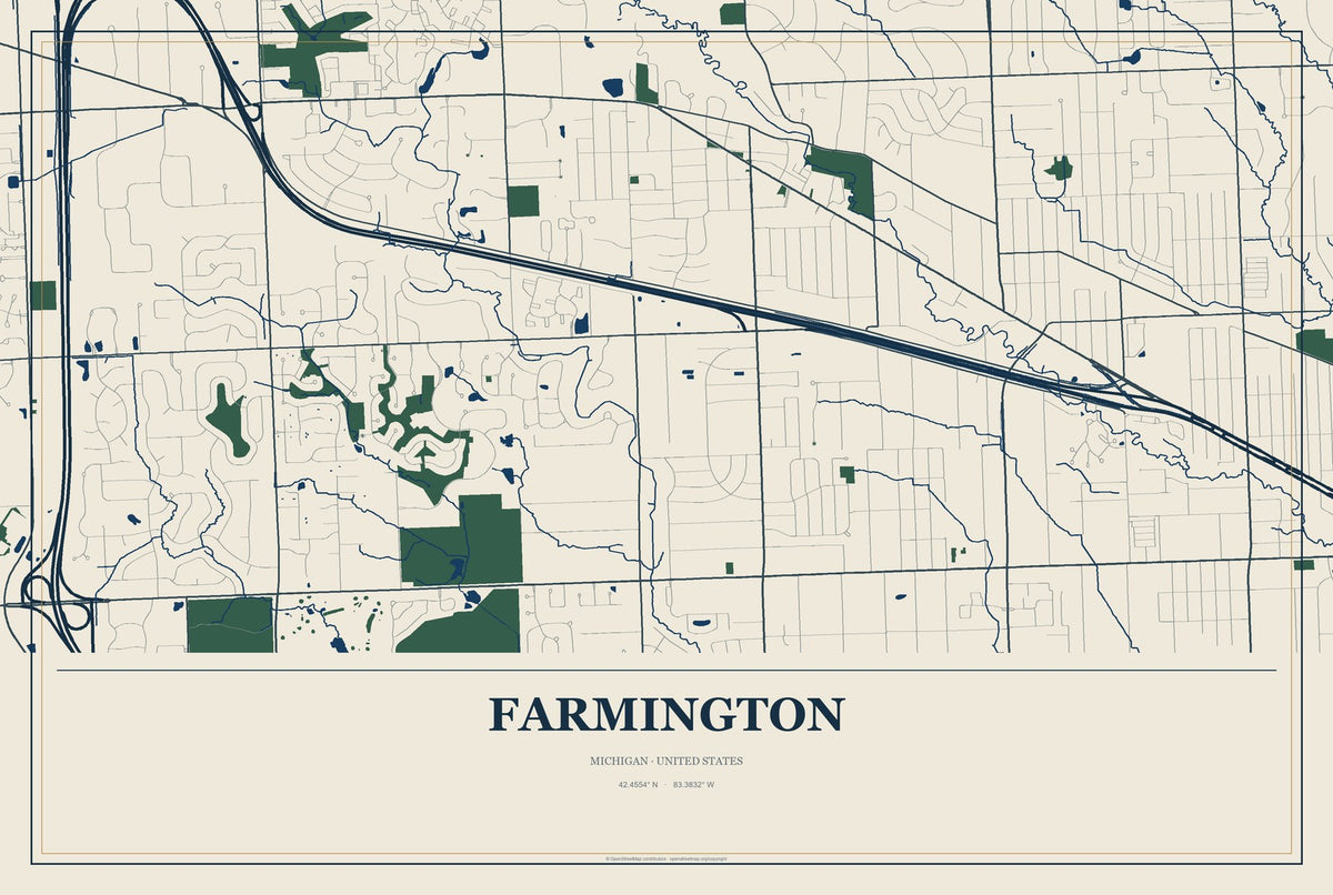 Farmington, Michigan City Map Aluminum Sign in Coastal Cutout style