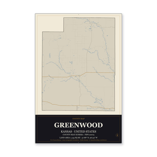 Greenwood County, Kansas Map Aluminum Sign in Museum Plaque style