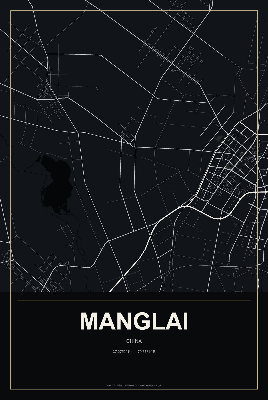 Manglai, China City Map Aluminum Sign in Metropolitan Noir style