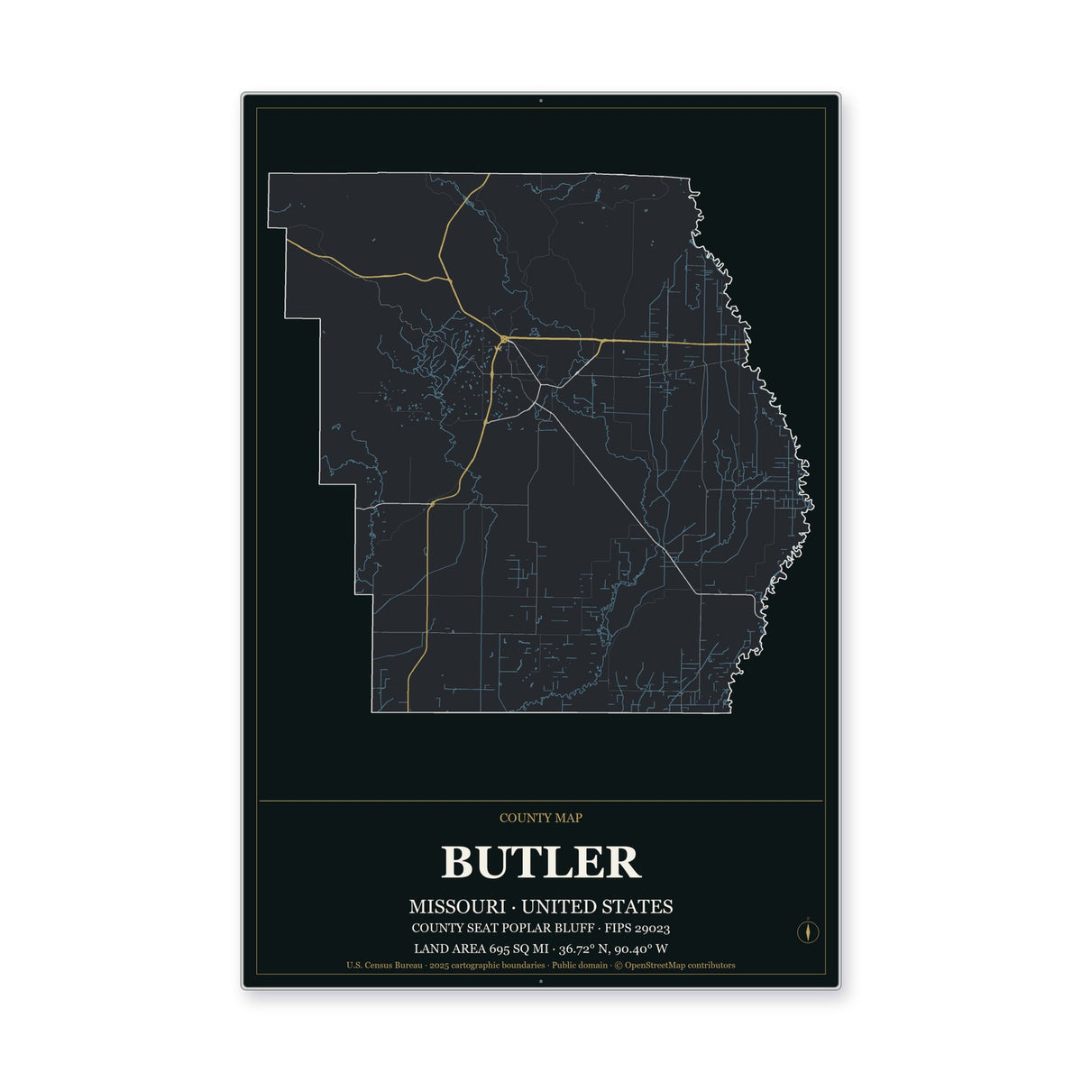 Butler County, Missouri Map Aluminum Sign in Metropolitan Noir style