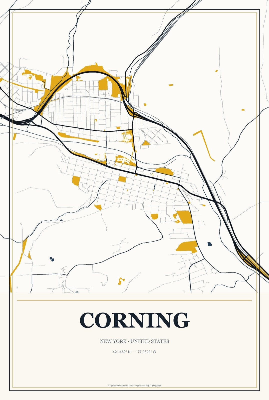 Corning, New York City Map Aluminum Sign in Citrine Modern style
