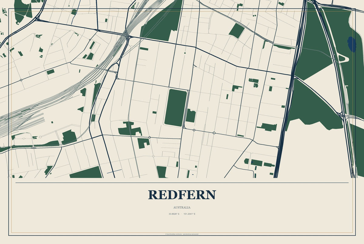 Redfern, Australia City Map Aluminum Sign in Coastal Cutout style