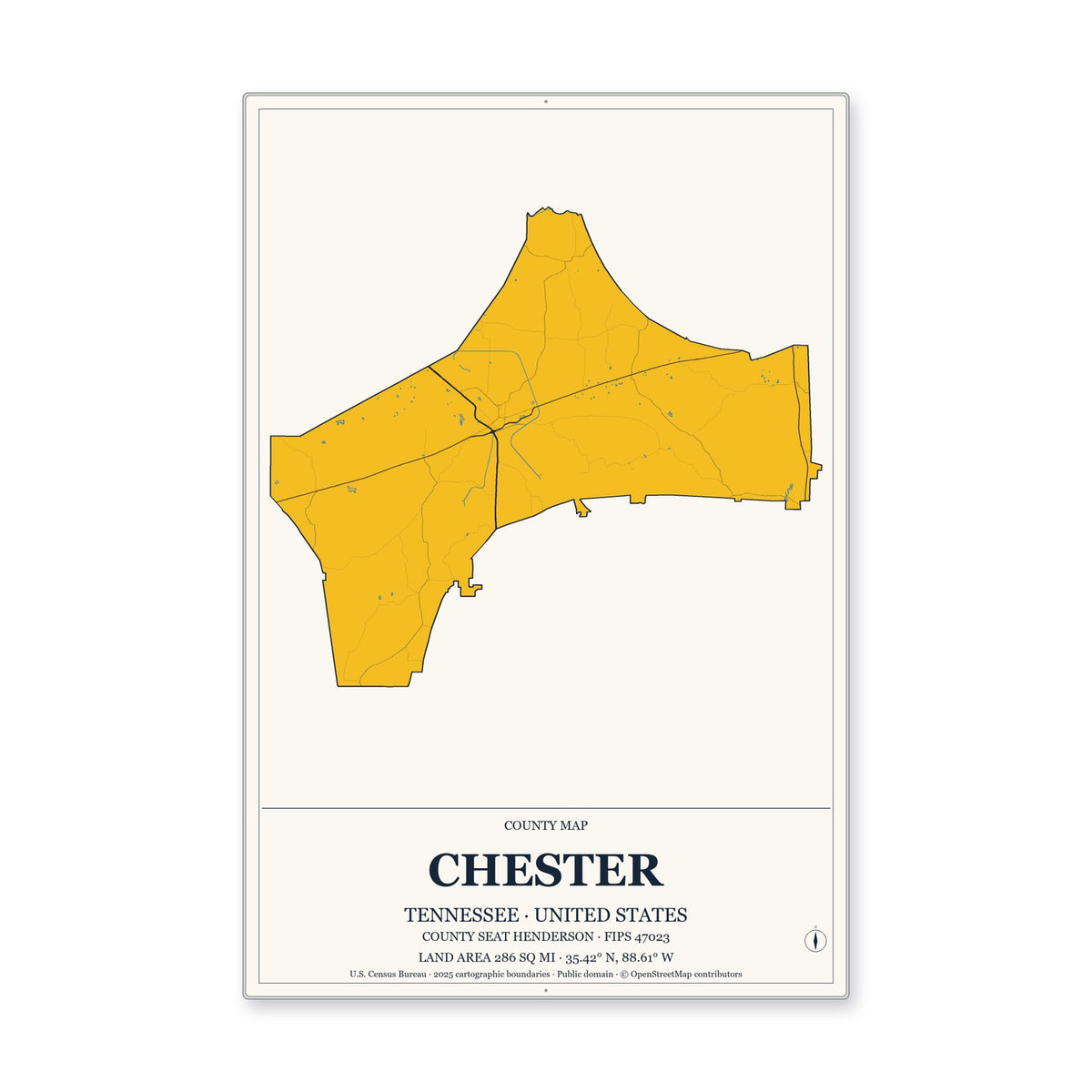 Chester County, Tennessee Map Aluminum Sign in Citrine Modern style