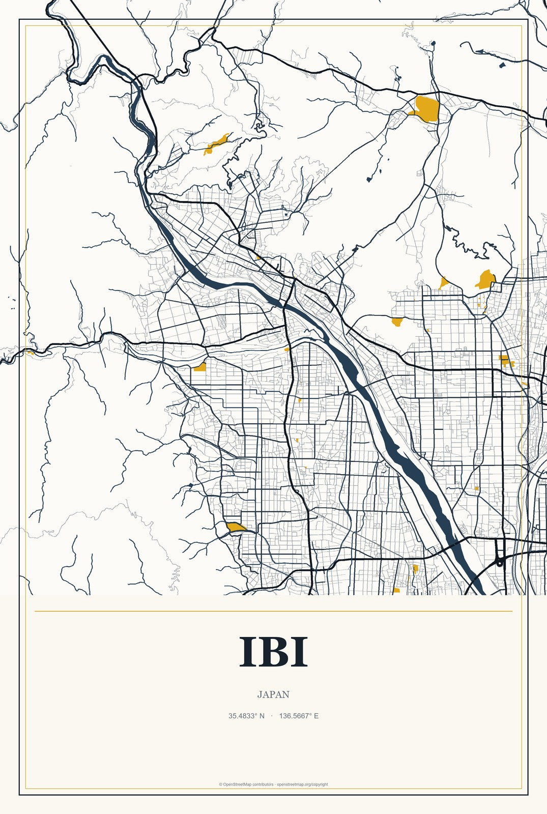 Ibi, Japan City Map Aluminum Sign in Citrine Modern style