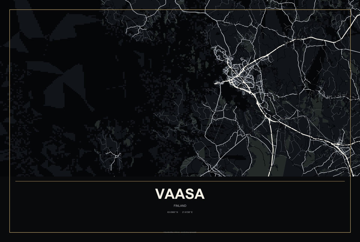 Vaasa, Finland City Map Aluminum Sign in Metropolitan Noir style