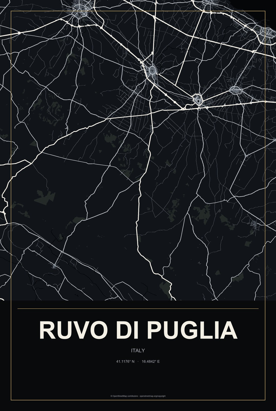 Ruvo di Puglia, Italy City Map Aluminum Sign in Metropolitan Noir style
