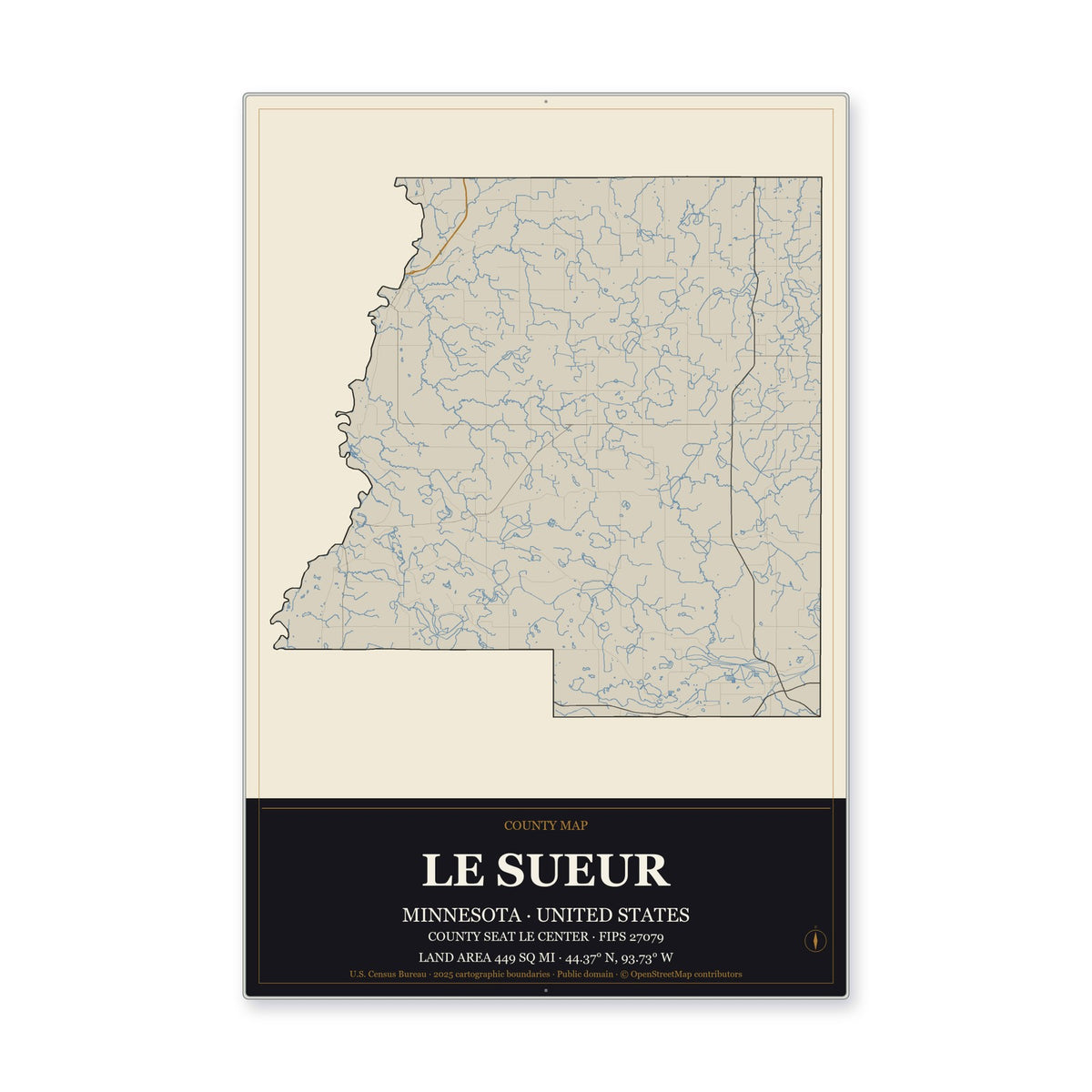 Le Sueur County, Minnesota Map Aluminum Sign in Museum Plaque style