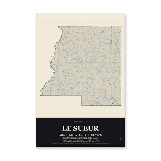 Le Sueur County, Minnesota Map Aluminum Sign in Museum Plaque style