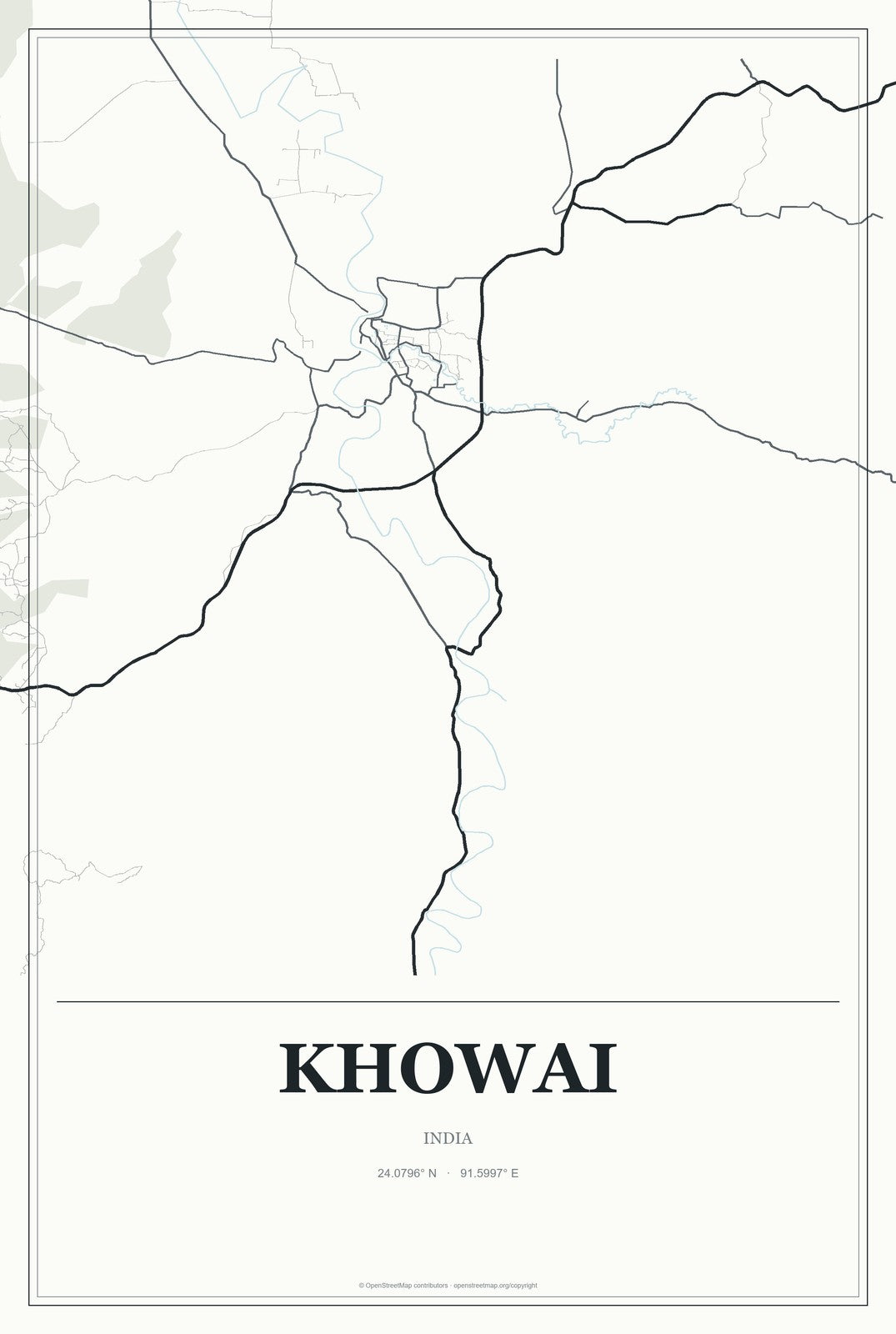 Khowai, India City Map Aluminum Sign in Gallery Air style