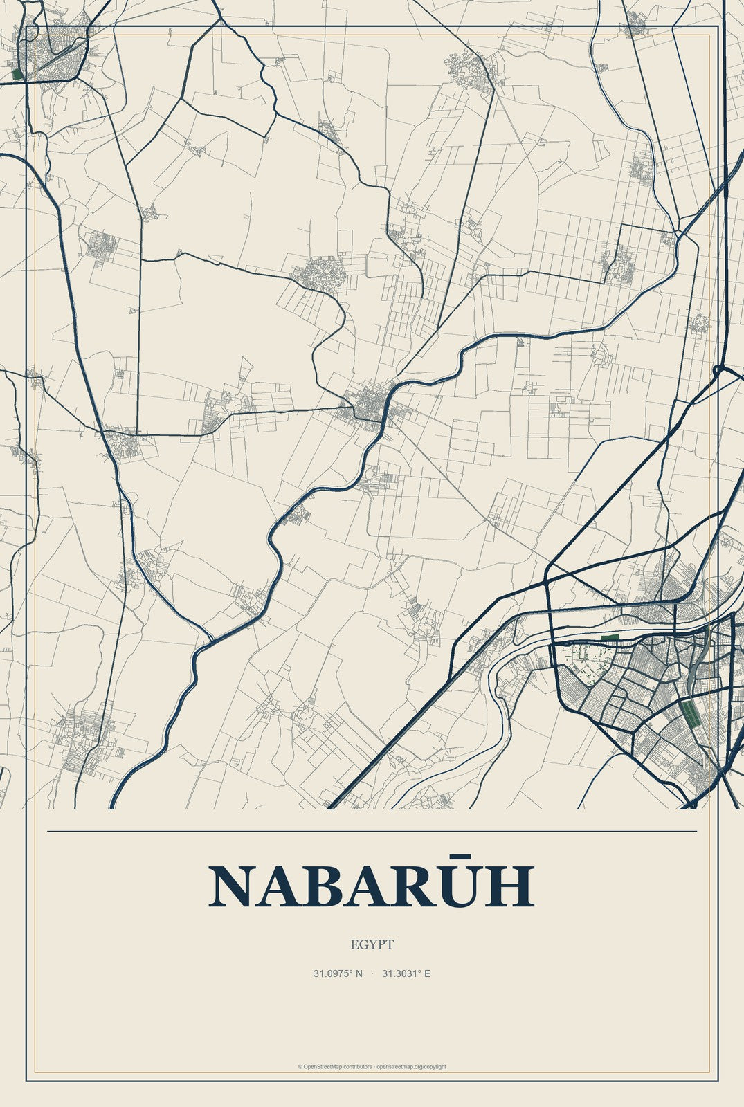 Nabarūh, Egypt City Map Aluminum Sign in Coastal Cutout style