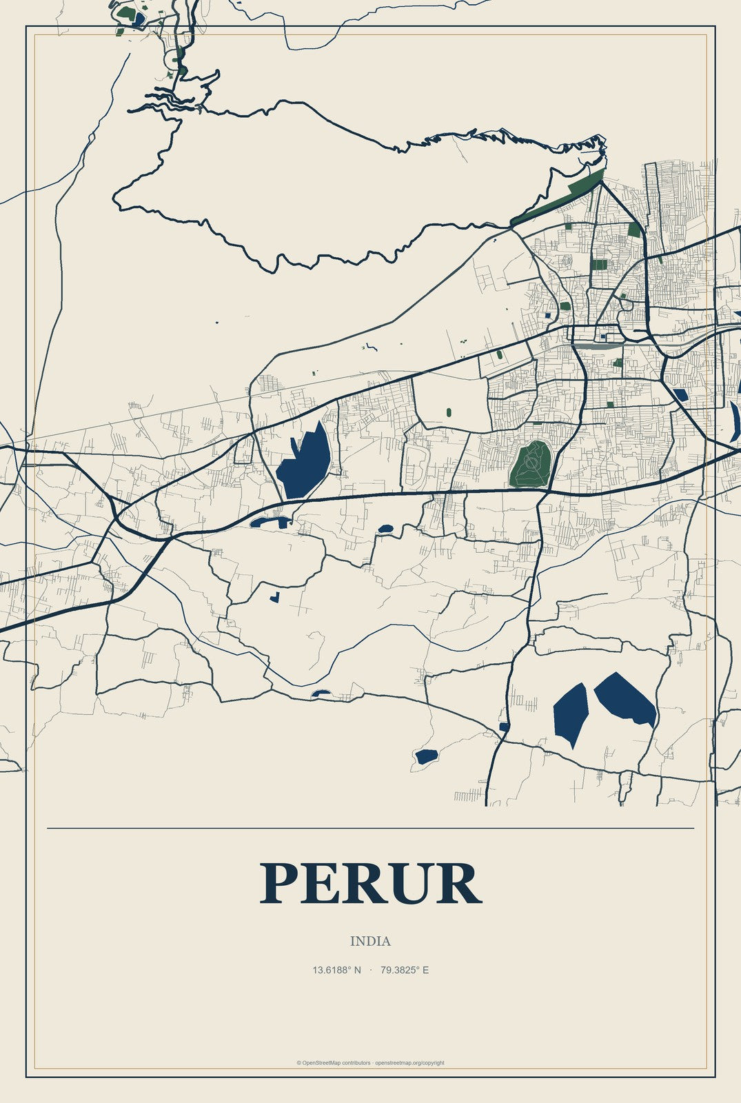 Perur, India City Map Aluminum Sign in Coastal Cutout style