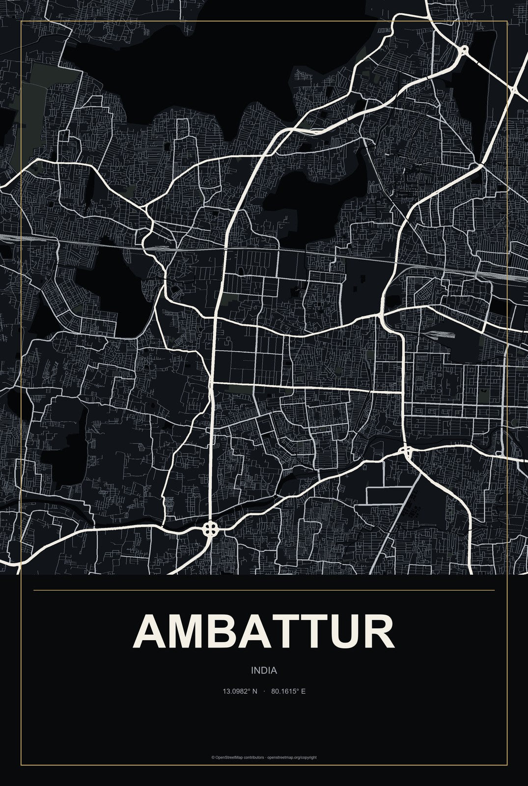 Ambattur, India City Map Aluminum Sign in Metropolitan Noir style