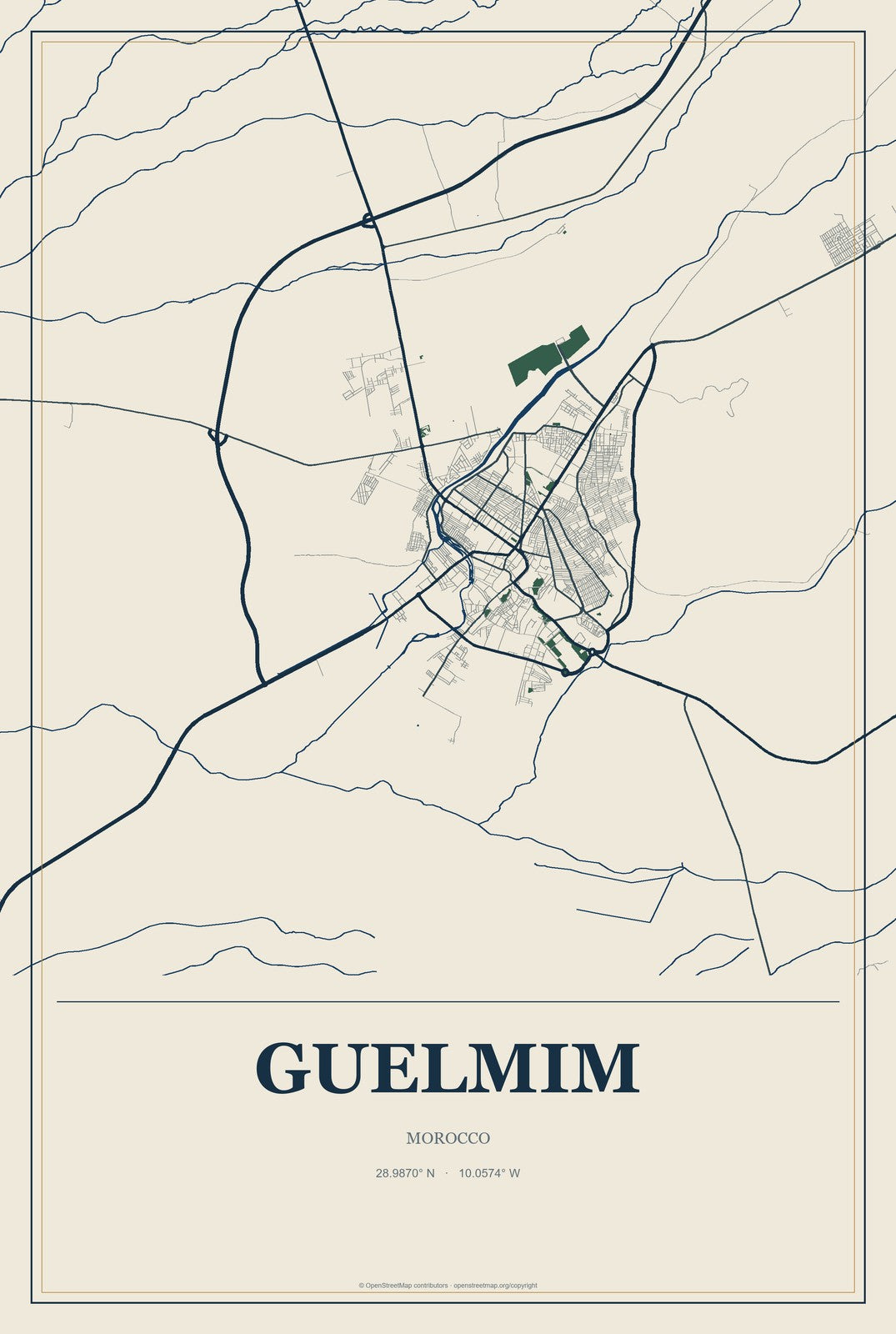 Guelmim, Morocco City Map Aluminum Sign in Coastal Cutout style